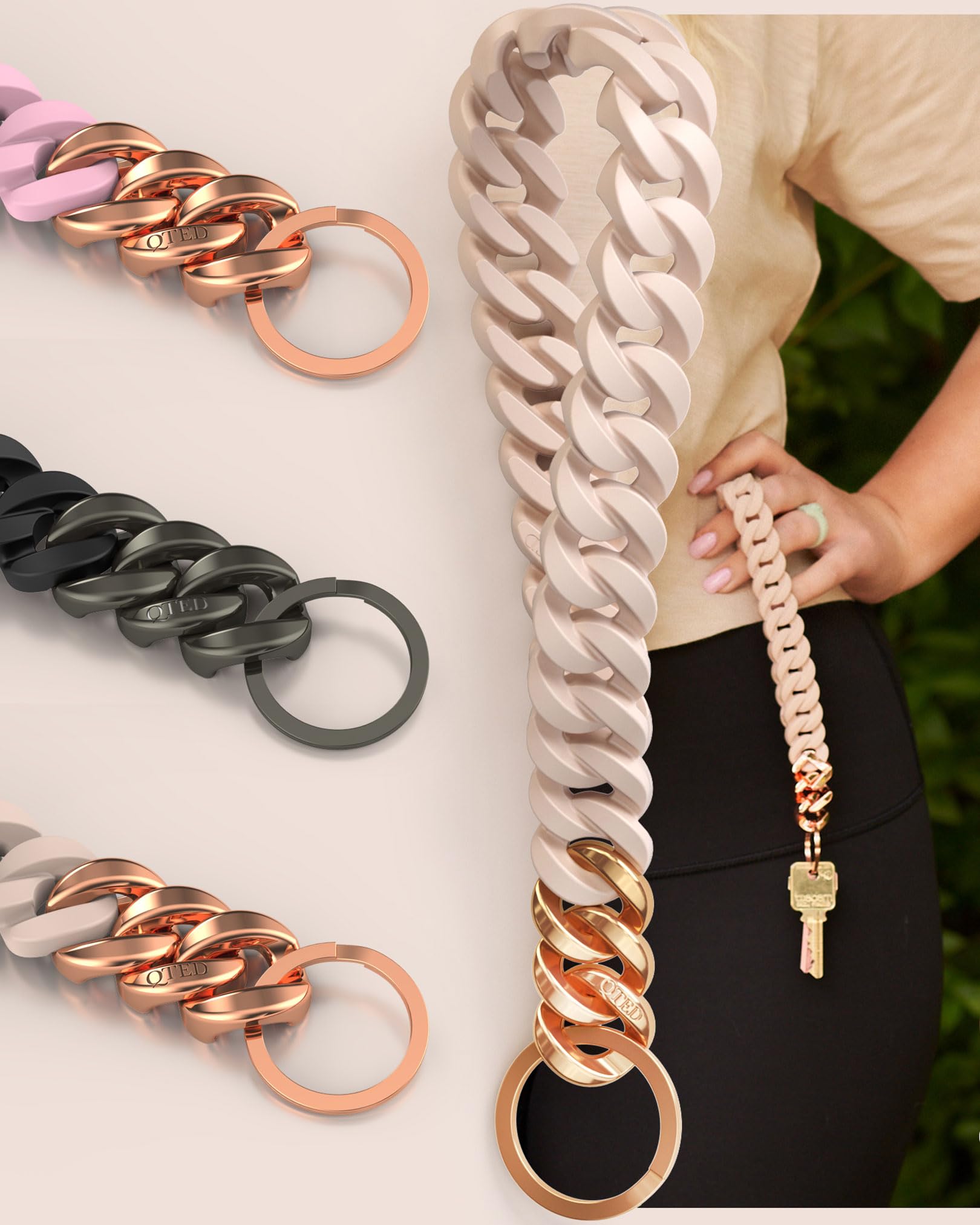 Kette Handgelenk Lanyard für Schlüssel - Schlüsselanhänger für Damen und Herren - Silikon Handschlaufe mit O-Ring, Schwarz mit goldfarbenem Metall, Einheitsgröße