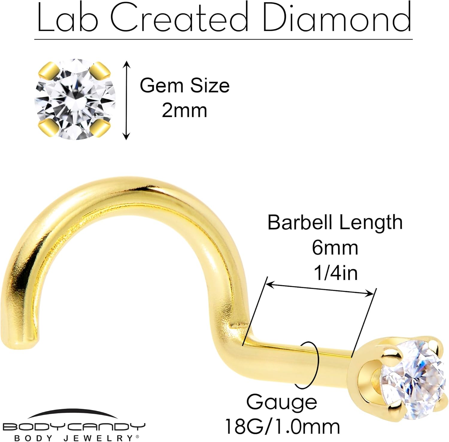 Body Candy 14k Solid Gold Nose Ring Studs - 2mm Lab Grown Diamond Created by MasterJeweler - Right Side Nose Ring 18 Gauge 20 Gauge Real Gold Nose Ring Piercing Jewelry for Women, Men
