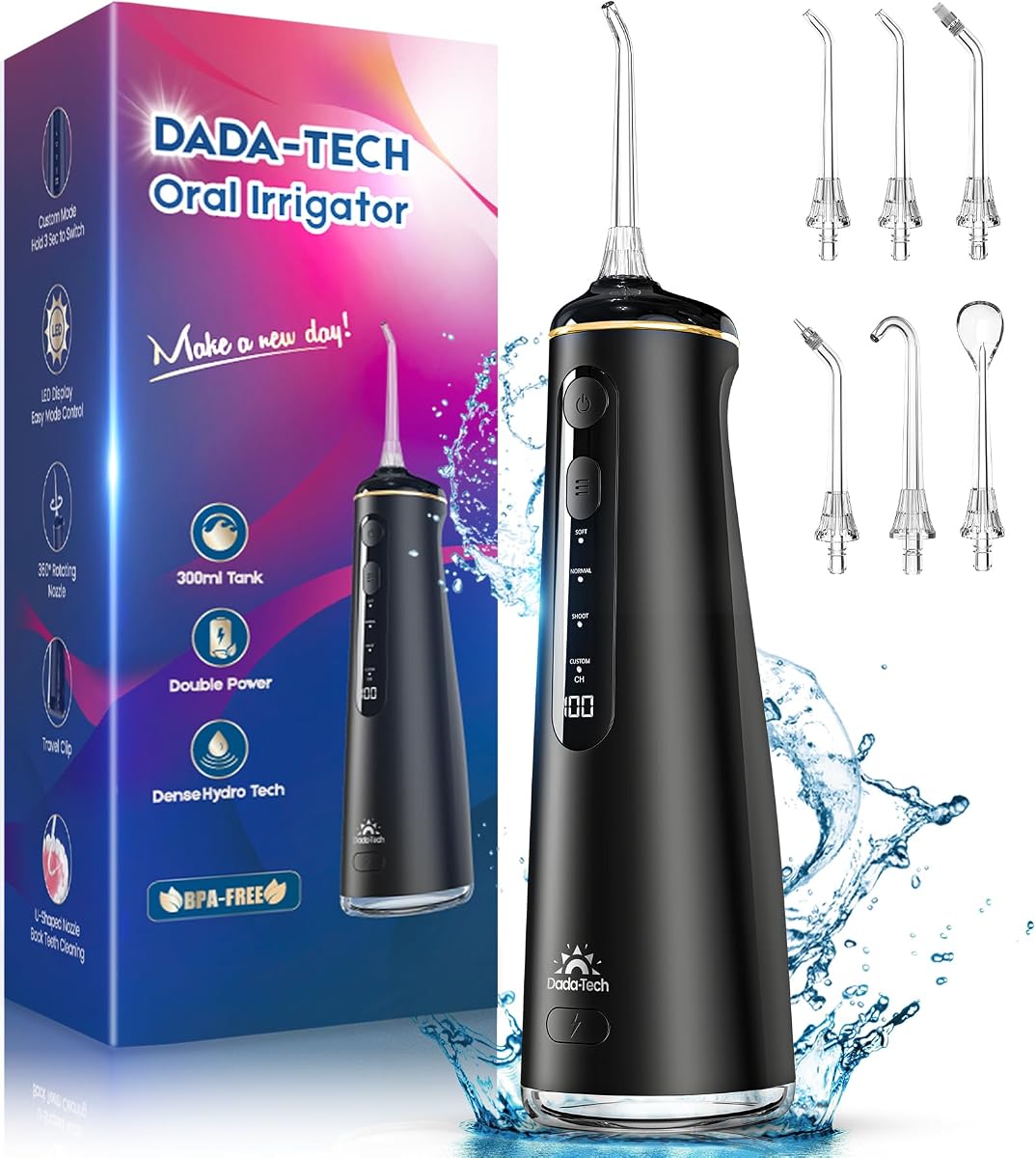 Cordless Oral Irrigator, Water Flosser for Teeth with 4 Modes and 8 Adjustable Levels, 300 ml Tank, for Interdental Cleaning, Electric Oral Irrigator Teeth, Black