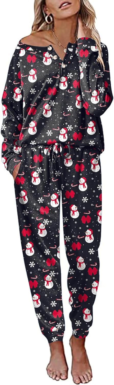 Andeip Womens Pajama Set Waffle Knit Lounge Set 2 Piece Long Sleeve Top and Pants Loungewear Pj Sets