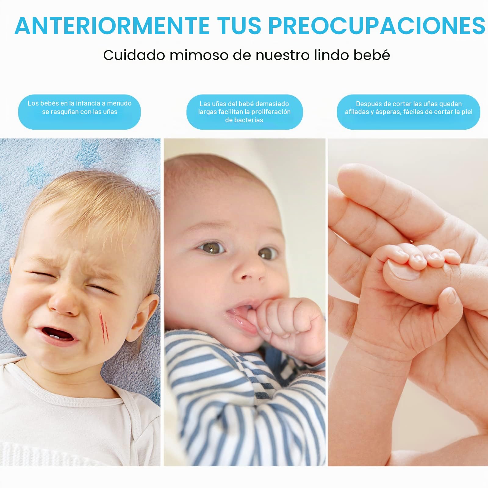Lima de uñas eléctrica para bebés, cortaúñas 8 en 1 seguro, con 6 cabezales de pulido y luz, kit de cuidado de uñas para todas las edades (azul 1)