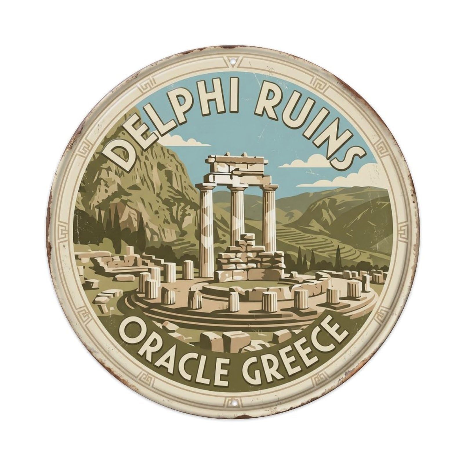 Delphi Ruins Oracle Greece Sanctuary Metal Tin Sign Plaque Wall Decor for Cafe, Club, Garden Round Metal Poster 8x8Inch