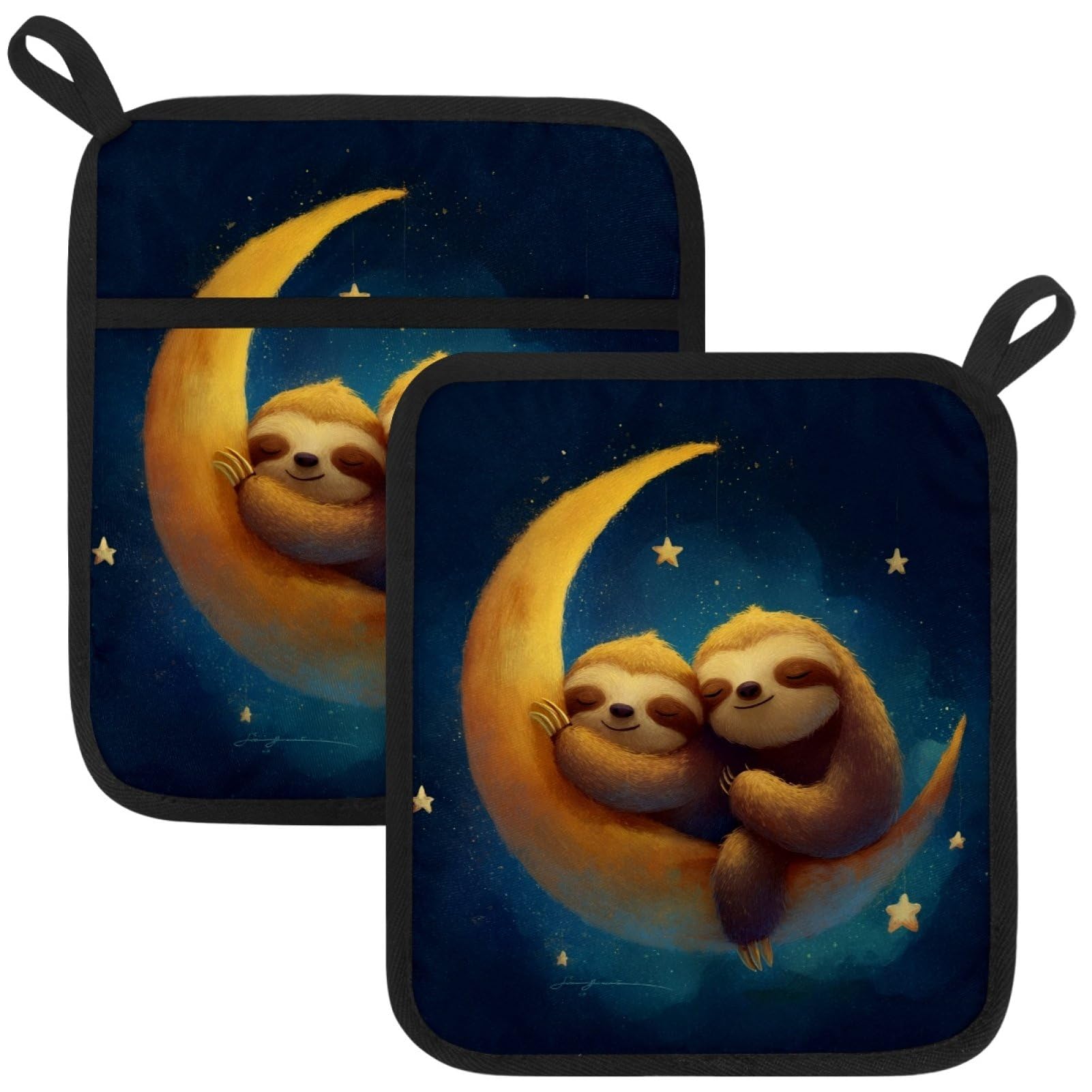 VAPOKF Sloth Moon Heat Resistant Pot Holders, Thick Pot Holders Pad with Hanging Loop for Kitchen, Oven Cloth Pads for Kitchen Baking Microwave Oven