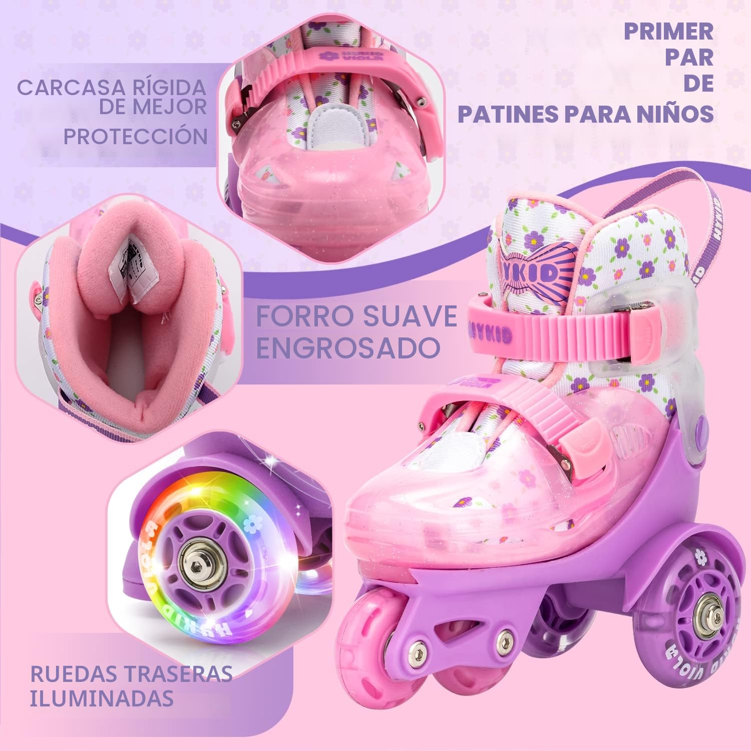 Patines 4 Ruedas Niña, 4 Tallas Ajustables 3-8 Años, Unicornios para Niñas Construcción de 3 Puntos Estable y Segura,Patines para Niños Principiantes Patinete