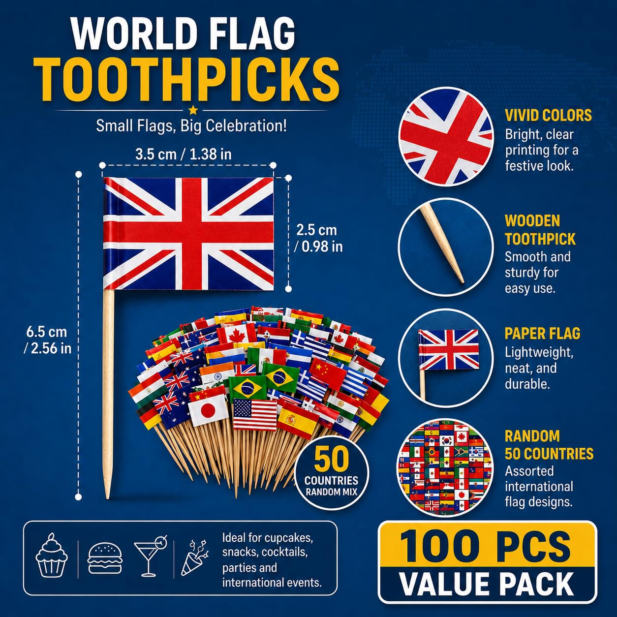 Lot de 100 cure-dents en bois - Marqueur alimentaire - Décoration de fête pour buffets et occasions festives - Mélange de motifs