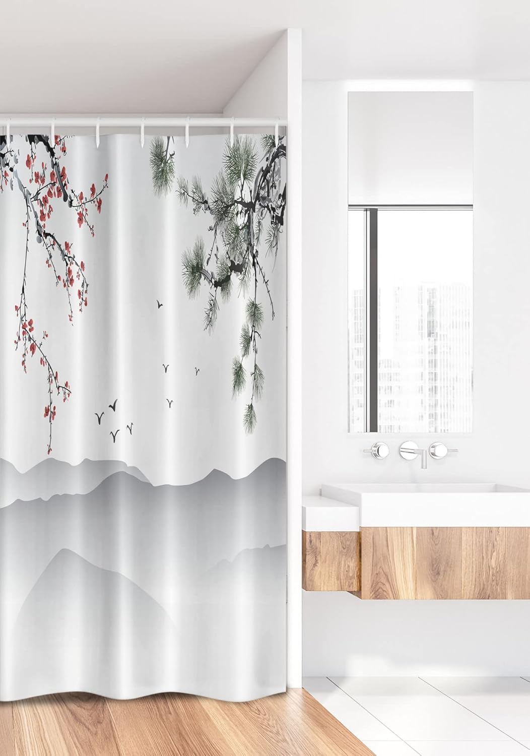 Ambesonne Floral Stall Shower Curtain, Chinese Painting Style Art Tree Branches Birds Mountains Landscape Art, Fabric Bathroom Decor Set with Hooks, 36" W x 72" L, Red Green Black