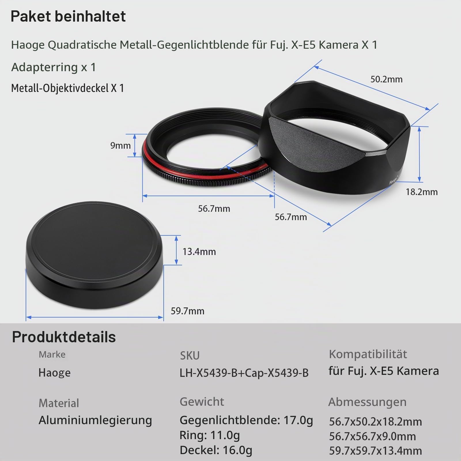 Haoge Metalllische quadratische Objektivblende for Fujifilm X-E5 & XF 23mm f2.8 Set Fujinon XF27mmF2.8 R WR Objektive 39mm Schraubbar Hood Black,with Metallldeckel, on XE5 Kamerakörper Kit