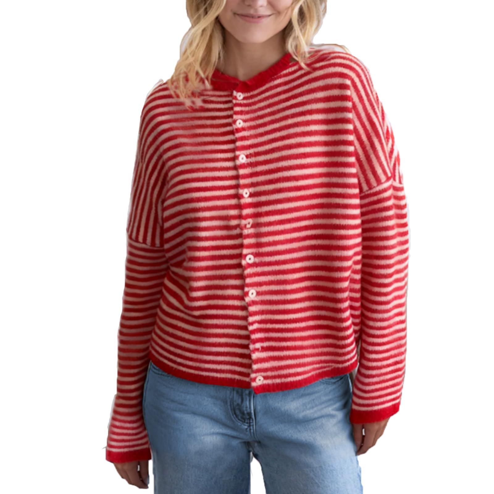 Women Knitted Button Down Cardigans Sweater Y2k Long Sleeve Loose Knitwear Tops Vintage Soft Stripes Knit Shirt