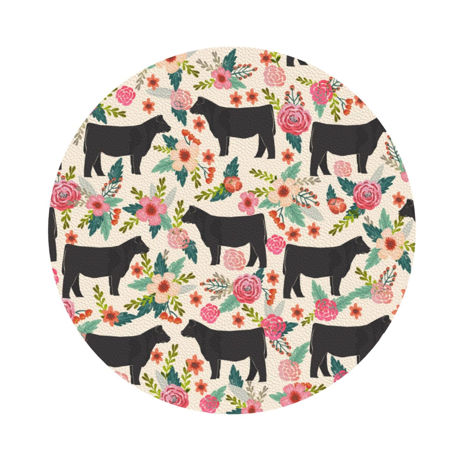 Pink Flower Show Steer Cows Cattle PU Leather Coasters Set of 6 Round Drink Coasters
