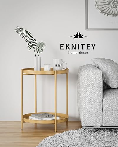 Miniatura 39 de EKNITEY Mesa auxiliar, mesa auxiliar plegable de metal impermeable, pequeña mesa auxiliar con bandeja extraíble para sala de estar, dormitorio,