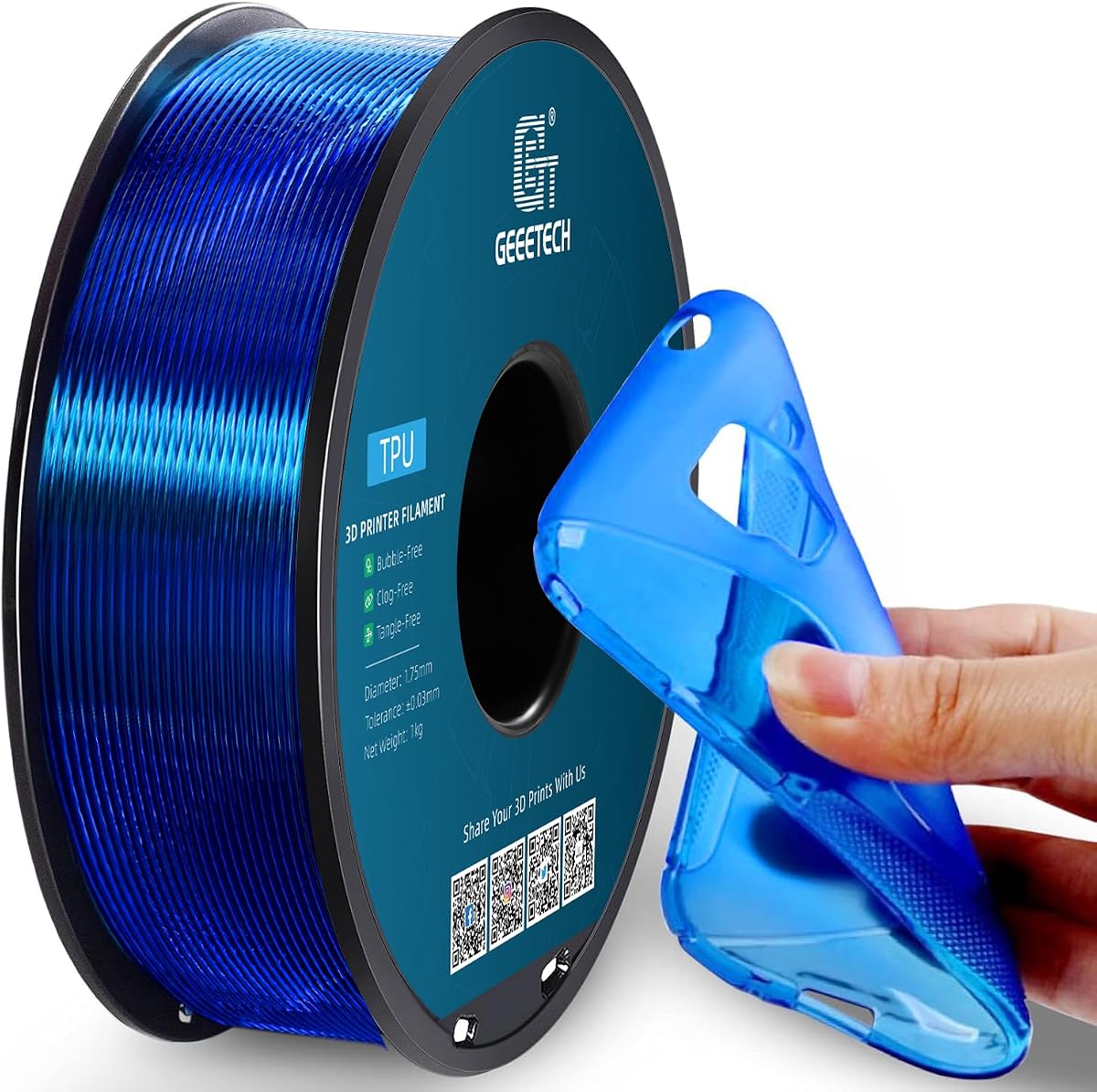 Filamento Geeetech TPU de 1,75 mm, filamento flexible para impresora 3D Shore 95A con alta elasticidad, carrete de 1 kg (2,2 libras), precisión dimensional ±0,03 mm, se adapta a la mayoría de impresoras FDM, azul transparente