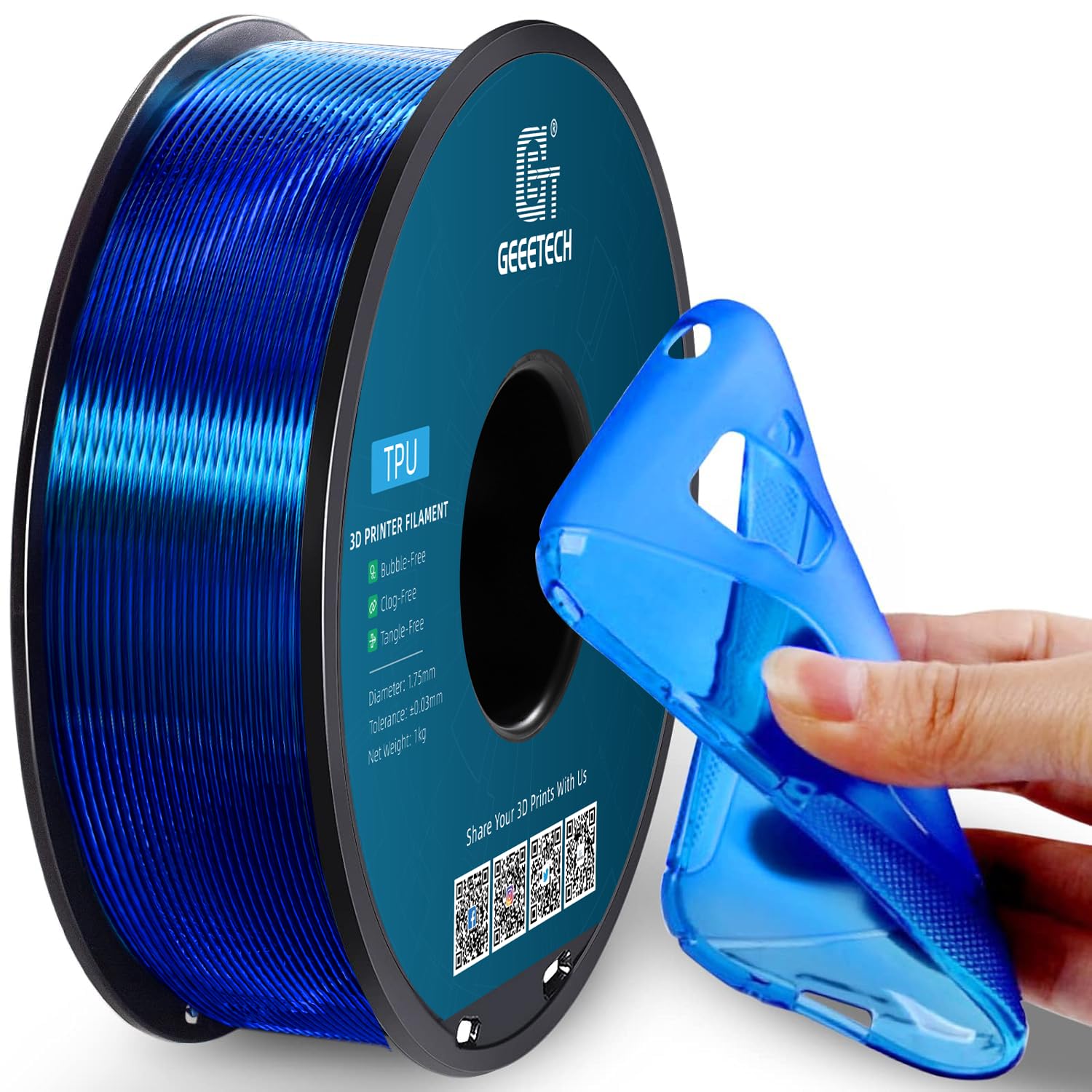 Geeetech TPU Filament 1.75mm, Shore 95A Flexible 3D Printer Filament with High Elasticity, 1KG (2.2lbs) Spool, Dimensional Accuracy ±0.03mm, Fits Most FDM Printers, Clear Blue