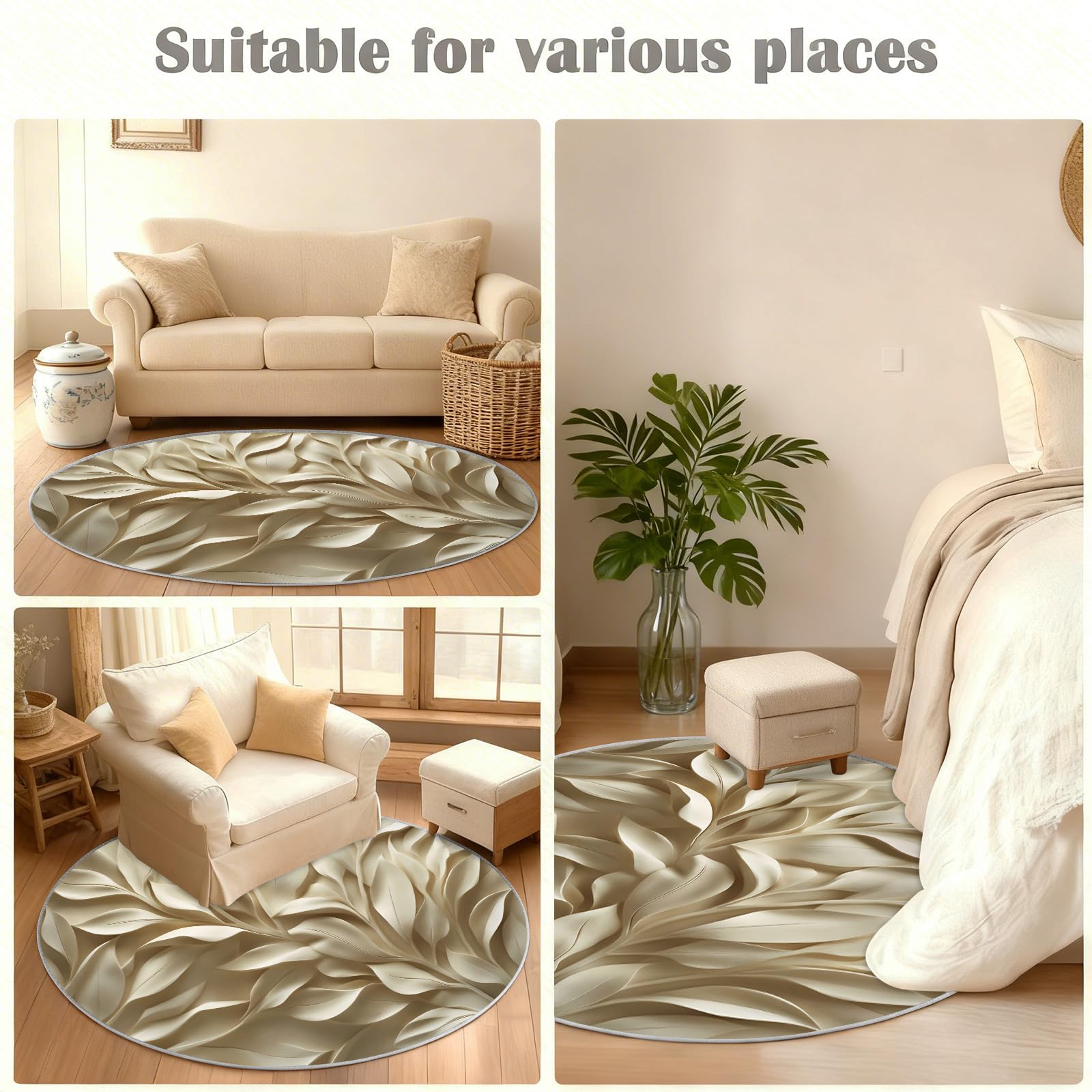 Runder Teppich mit 3D-Blättern, 18 cm, Beige | Minimalistische Teppiche für Esszimmer, weicher niedriger Flor, waschbar, moderne Flurdekoration, Teppiche und Bodenteppich