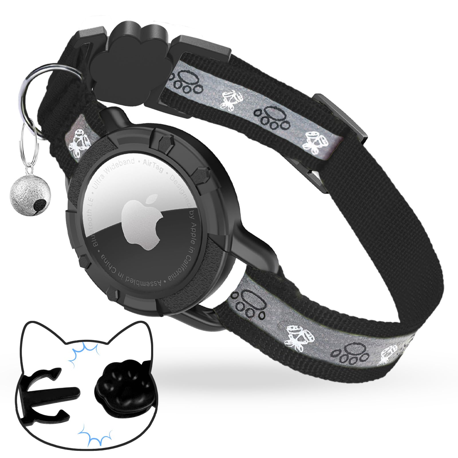 Breakaway AirTag Cat Collar, Reflective Cat Tracker Collar with Air Tag Holder and Bell, Safety Elastic Band Cat GPS Collars for Girl Boy Cats, Kittens and Puppies (Black, 8-13'')