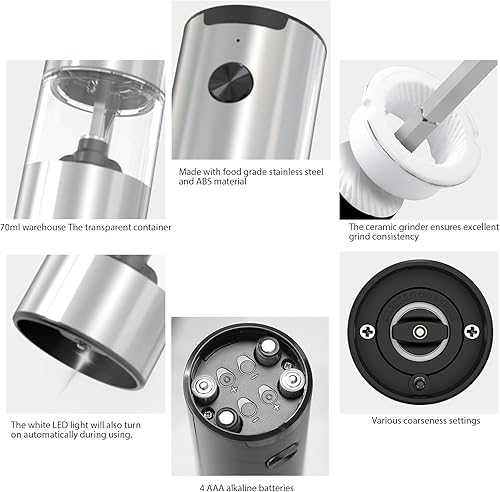 Miniatura 3 de Juego de molinillo eléctrico de sal y pimienta, funcionamiento automático con una sola mano, luz LED blanca, grosor ajustable, funciona con pilas,