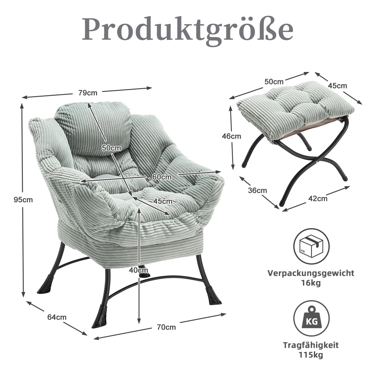 Ohrensessel mit Hocker, Lazy Chair mit Ottoman, Relaxsessel mit Armlehnen, Moderner Loungestuhl mit Fußstütze und Seitentasche im Wohnzimmer Lesesessel, Cord Hellgrau