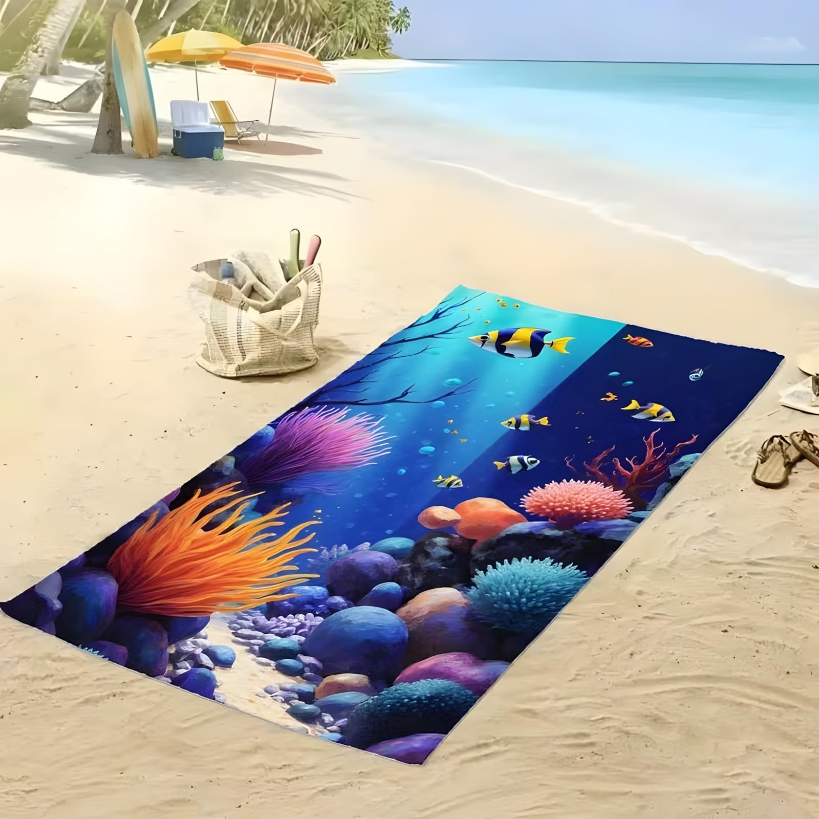 Telo Mare Pesci Asciugamano da Spiaggia Alghe Telo Mare Microfibra 145x200 cm,Senza Sabbia, ad Asciugatura Rapida, Assorbente, Salvietta da Spiaggia Compatta