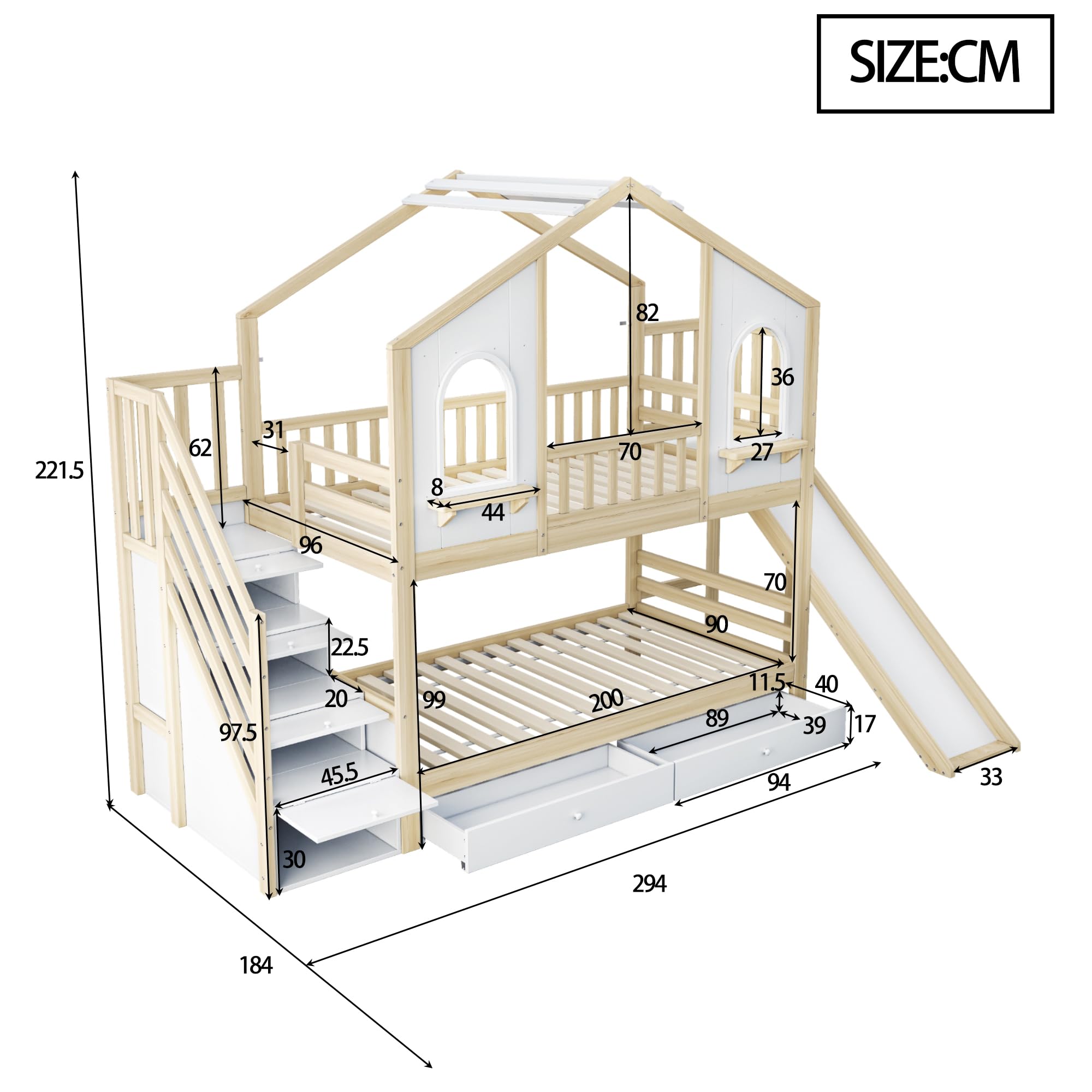 Dolamaní Kinderbett Hausbett 90x200 cm, Hochbett mit Treppe und Rutsche, Etagenbett 2 Betten mit Lattenrost & Stauraum, 2 Schubladen, Kiefer Holz, Bettgestell Holzbett, ohne Matratze (Natur + Weiß)