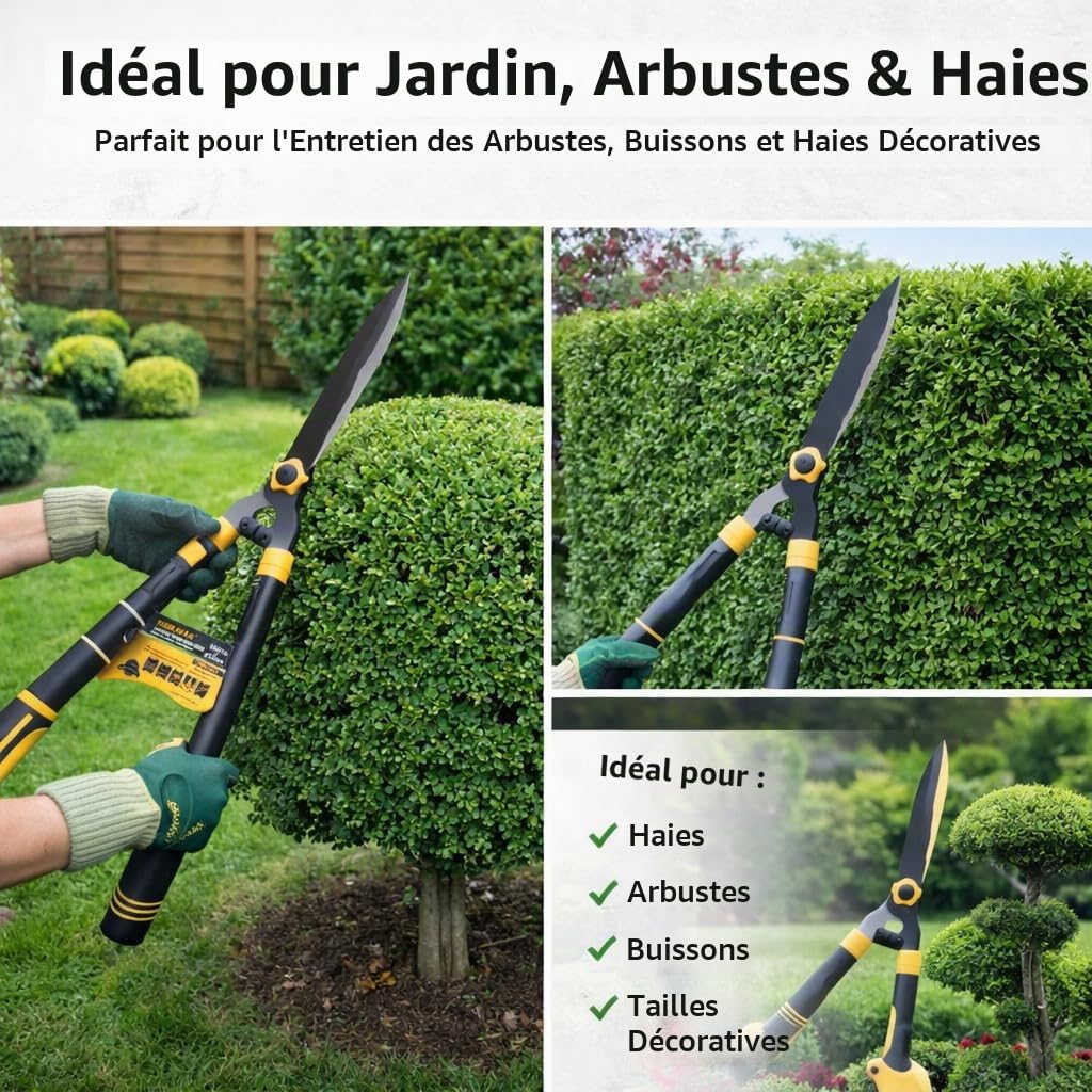 TOOLMAK Cisaille à haies télescopique 620 à 810 mm, taille-haie manuel à manches extensibles, lames tranchantes, poignées antidérapantes, outil de coupe pour haies, buissons et arbustes