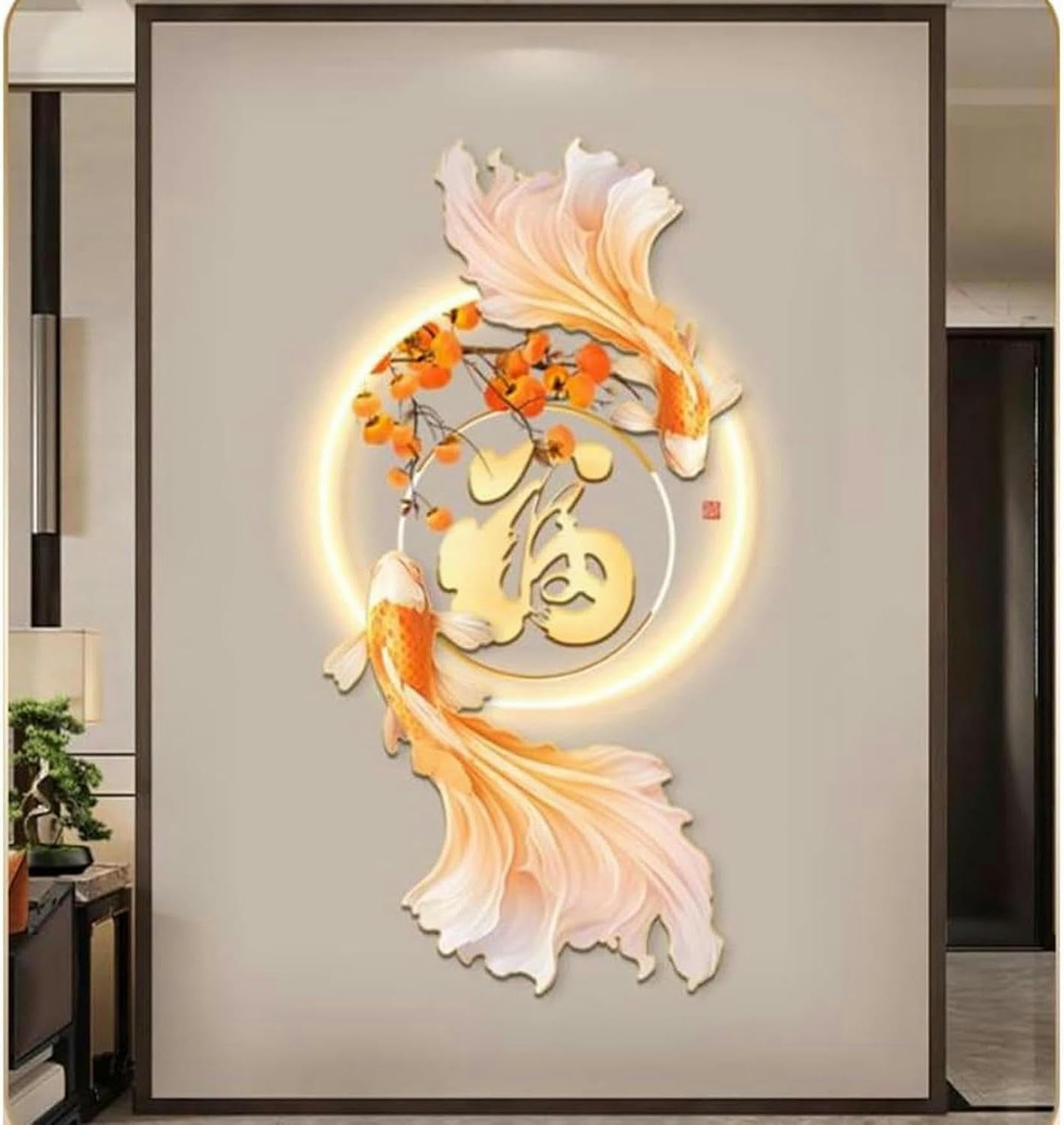 AZQOHMIS 3D Lucky Koi Wall Art Decor, Wall Decor with LED Lamp Painting, Wall Sculptures Wall Hanging Art with Led Light, Oriental Decor Traditional Chinese Wall Hanging Painting/1
