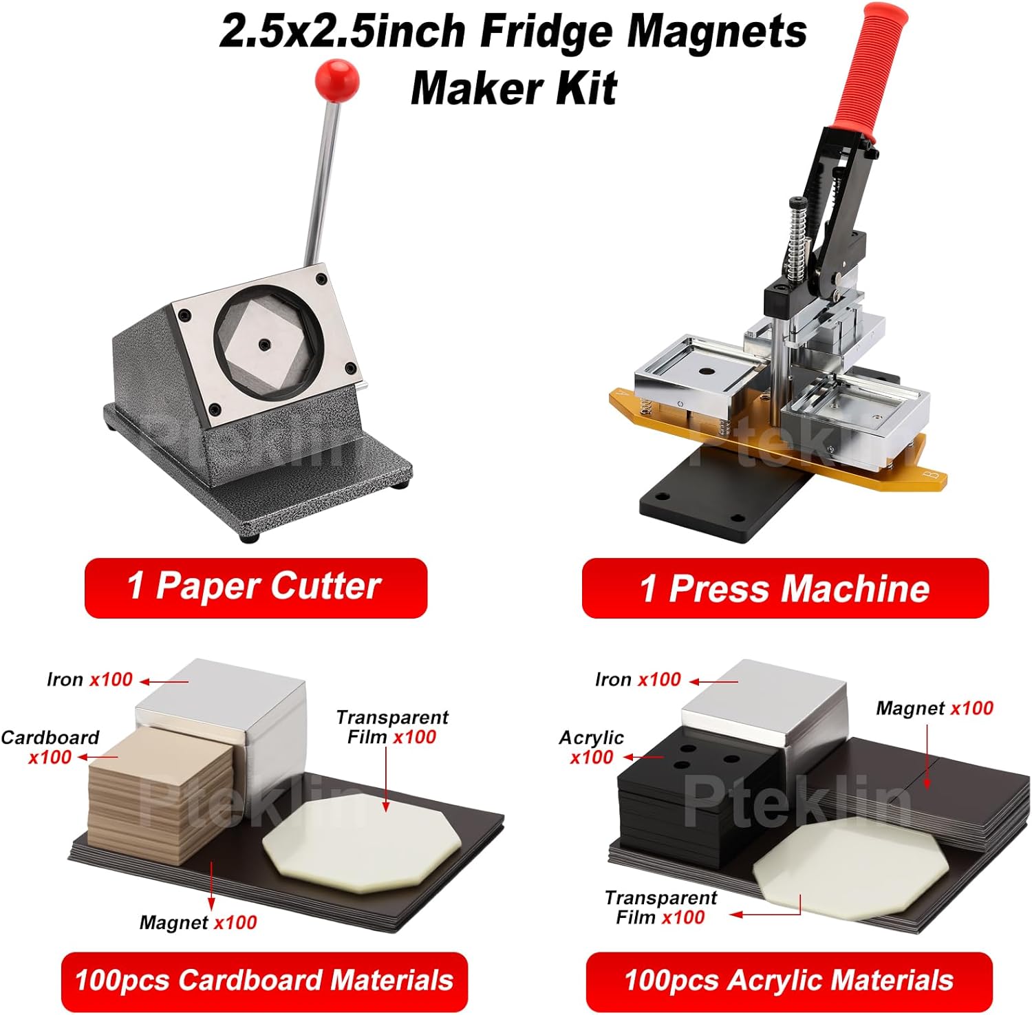 Magnet Maker Machine Kit 2.5x2.5inch, Photo Fridge Magnet Making Machine Acrylic and Cardboard Materials Compatible, 2-in-1 Press Machine+ Paper Cutter+ 200 Sets Supplies