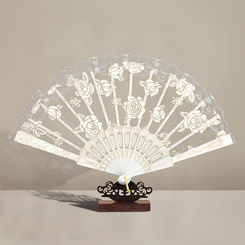 Miniatura 3 de Handheld Chinese Folding Fan Lace Hand Fans for Women Foldable Bulk for Party Wedding Church Dancing (White)