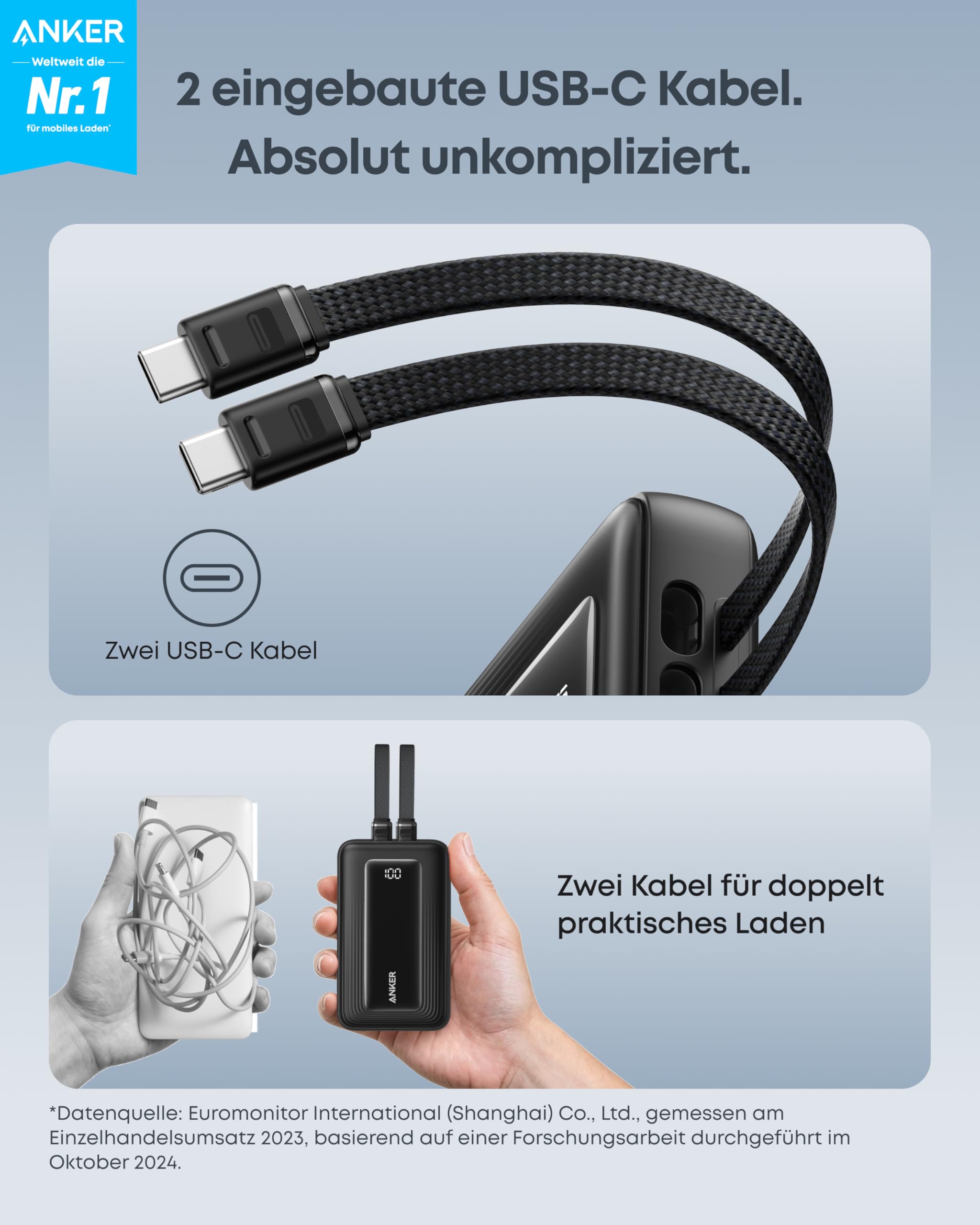Anker Zolo Powerbank (2025 Upgrade), 45W Schnellladung, 20000 mAh Akku-Pack, Zwei integrierte USB-C Kabel, 1 USB-C und 1 USB-A Port, für iPhone 17/16-Serie, Galaxy, MacBook und mehr