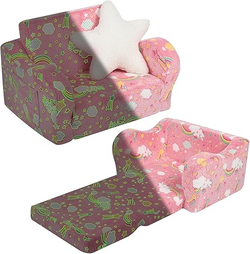 MOMCAYWEX Toddler Couch, 2-in-1 Kids Soft Couch Fold Out with Star Pillow, Foldable Sofa to Lounger, Medium, Rainbow Glow in The Dark