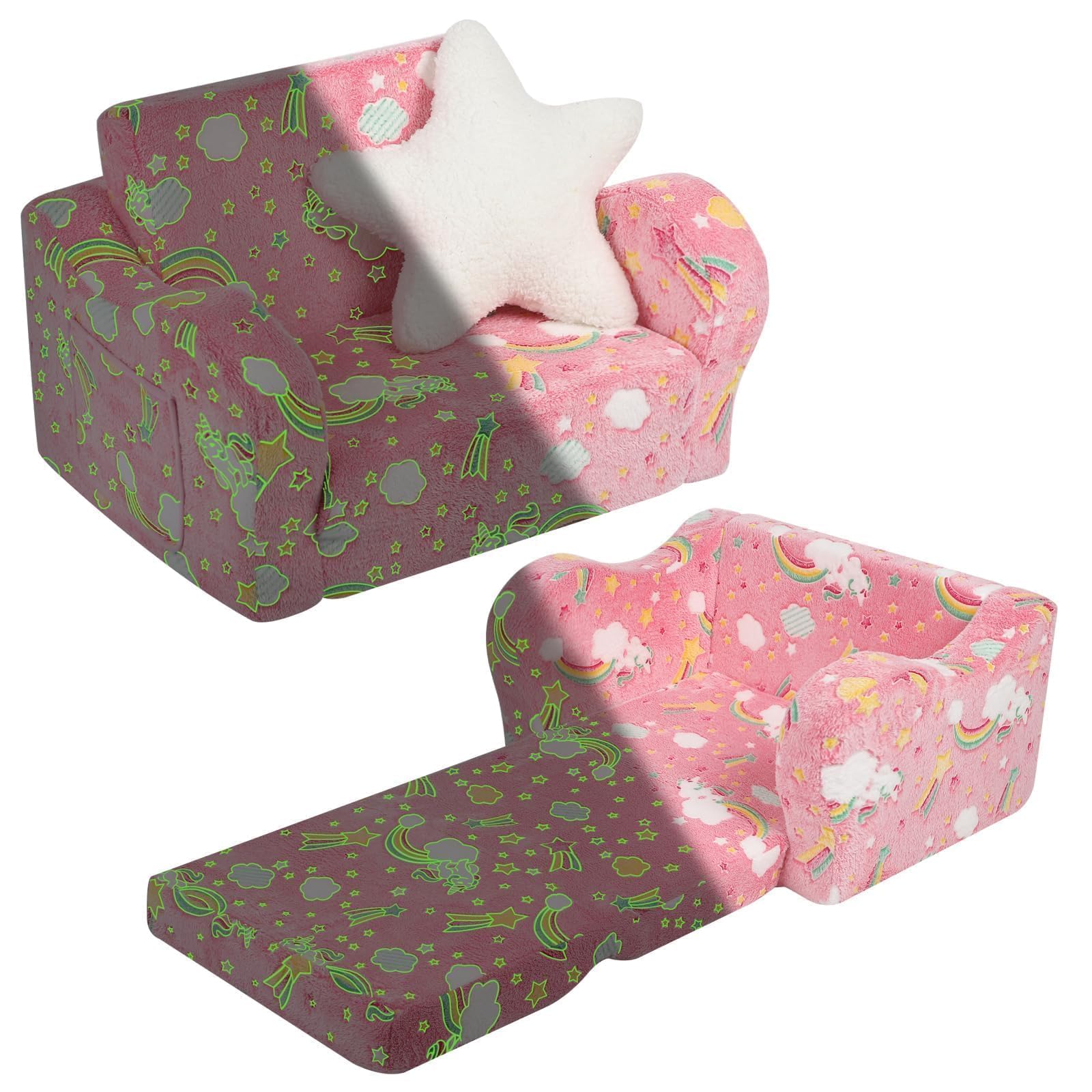 MOMCAYWEX Toddler Couch, 2-in-1 Kids Soft Couch Fold Out with Star Pillow, Foldable Sofa to Lounger, Medium, Rainbow Glow in The Dark