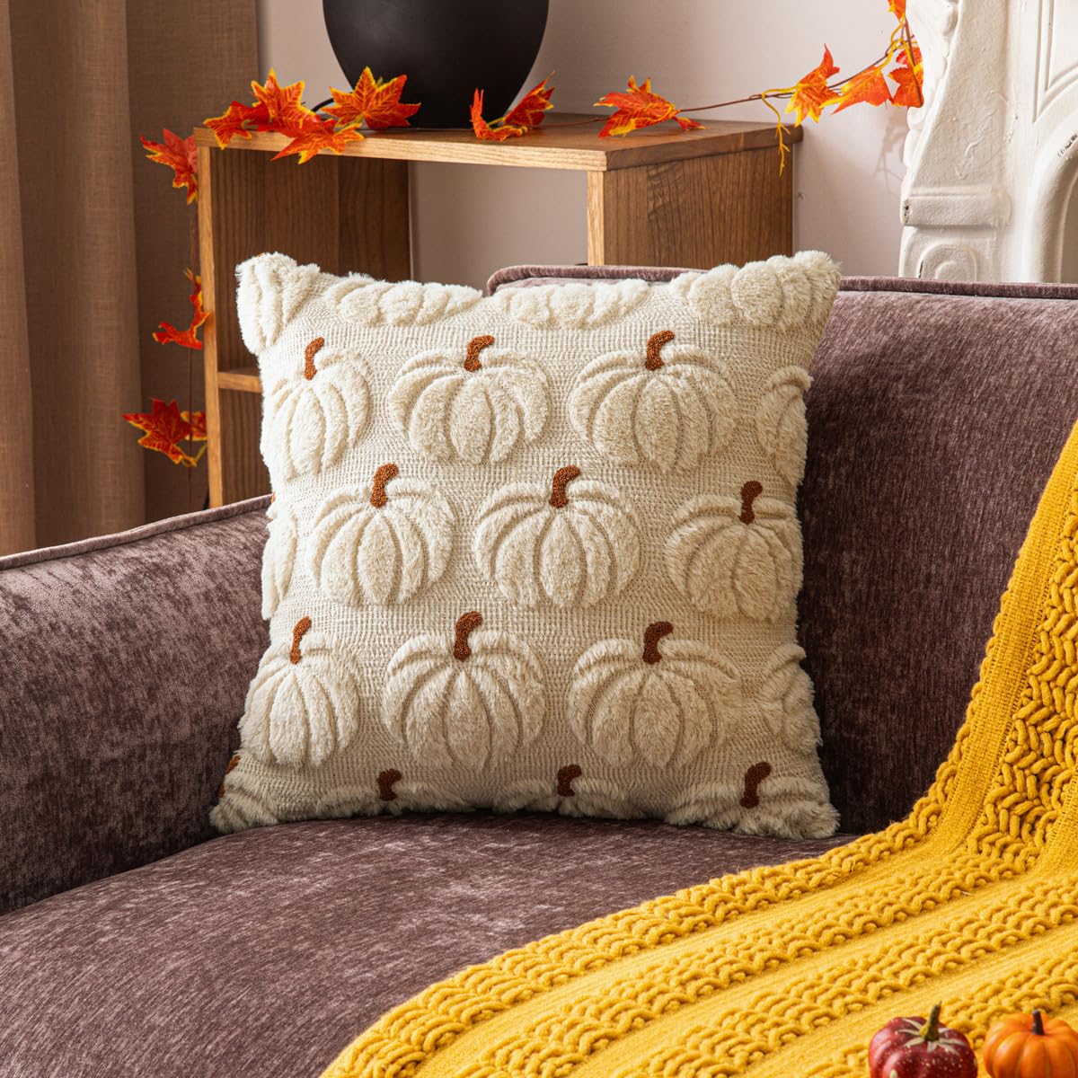Plancholo Fall Pumpkin Throw Pillow Cover Soft Plush Faux Fur Wool Cushion Case for Sofa Couch (Beige-Brown, 18x18 Inch)