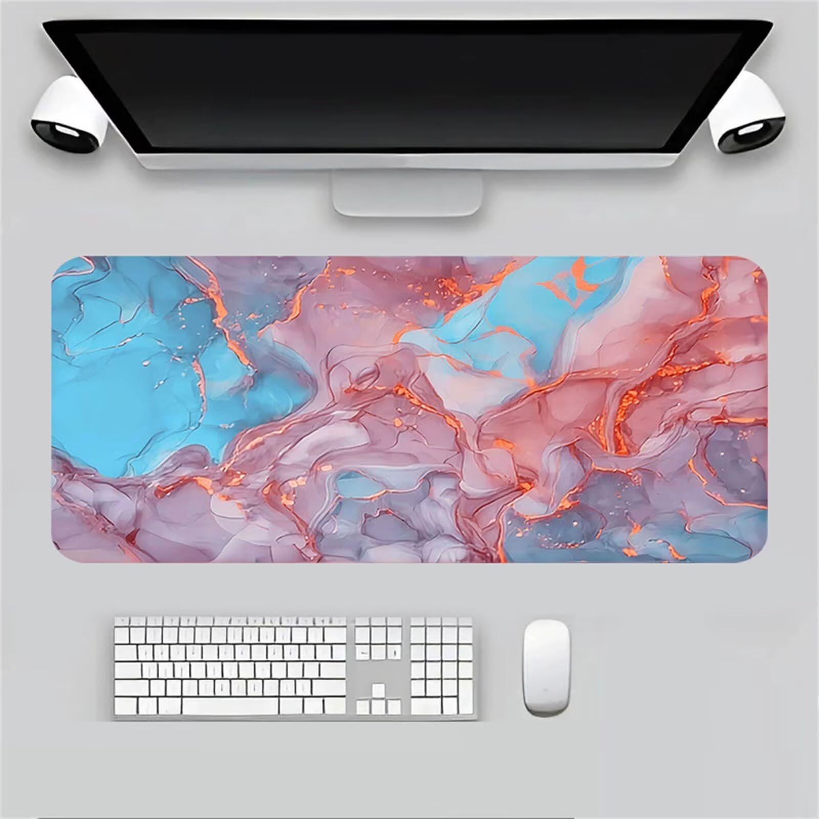 Tappetino Mouse XXL 800x400x3mm Marmo rosa e blu tappetino per mouse Gaming,Base Antiscivolo,con Bordi Cuciti,Sottomano Grande Dimensione per Uffici e Scrivanie da Gioco