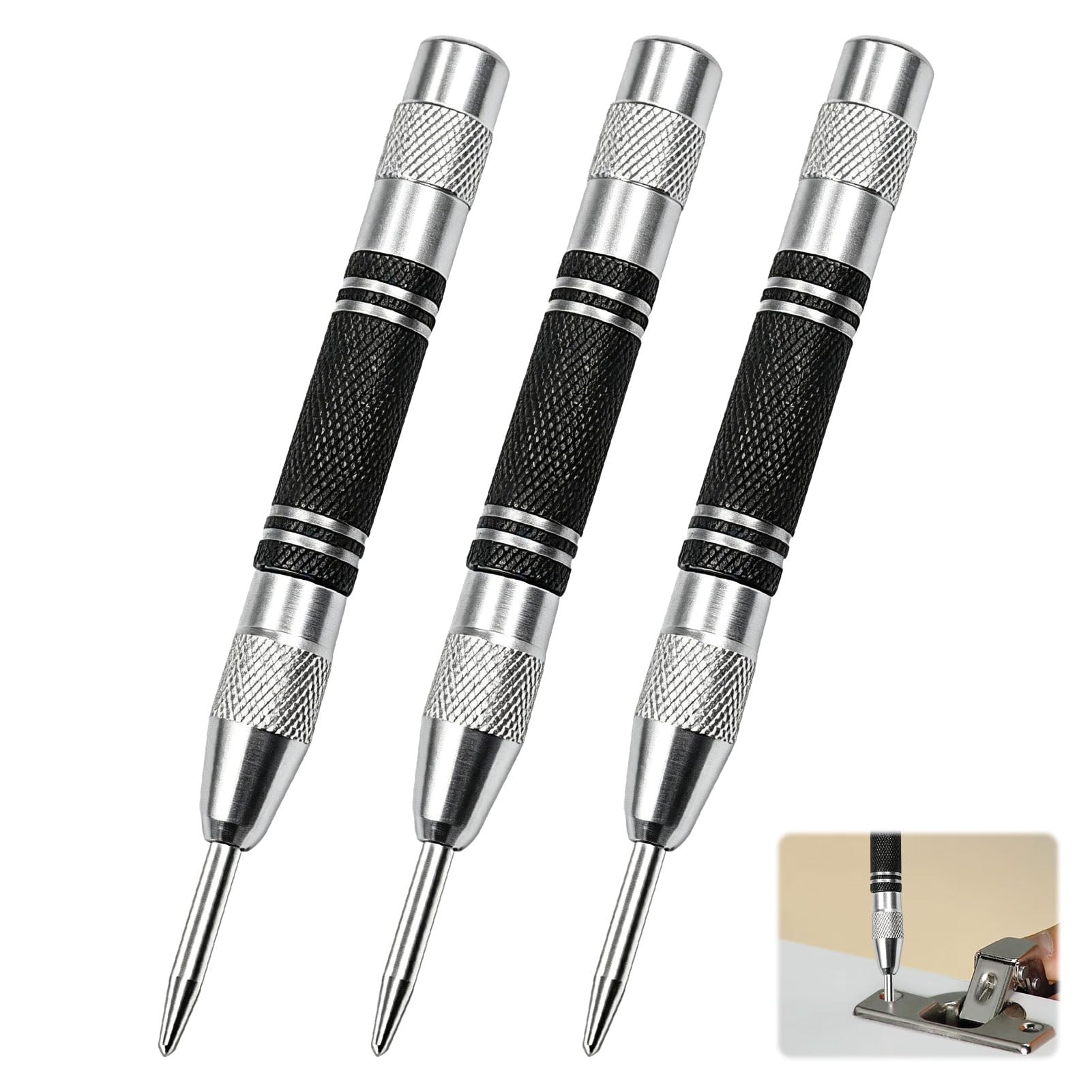 3PCS Centre Punch Spring Loaded Automatic Centre Punch, Centres Punchs For Metal Glass, Wood, Plastic, Precision Marking, One-Handed Operation, DIY, Durable Steel(Black)
