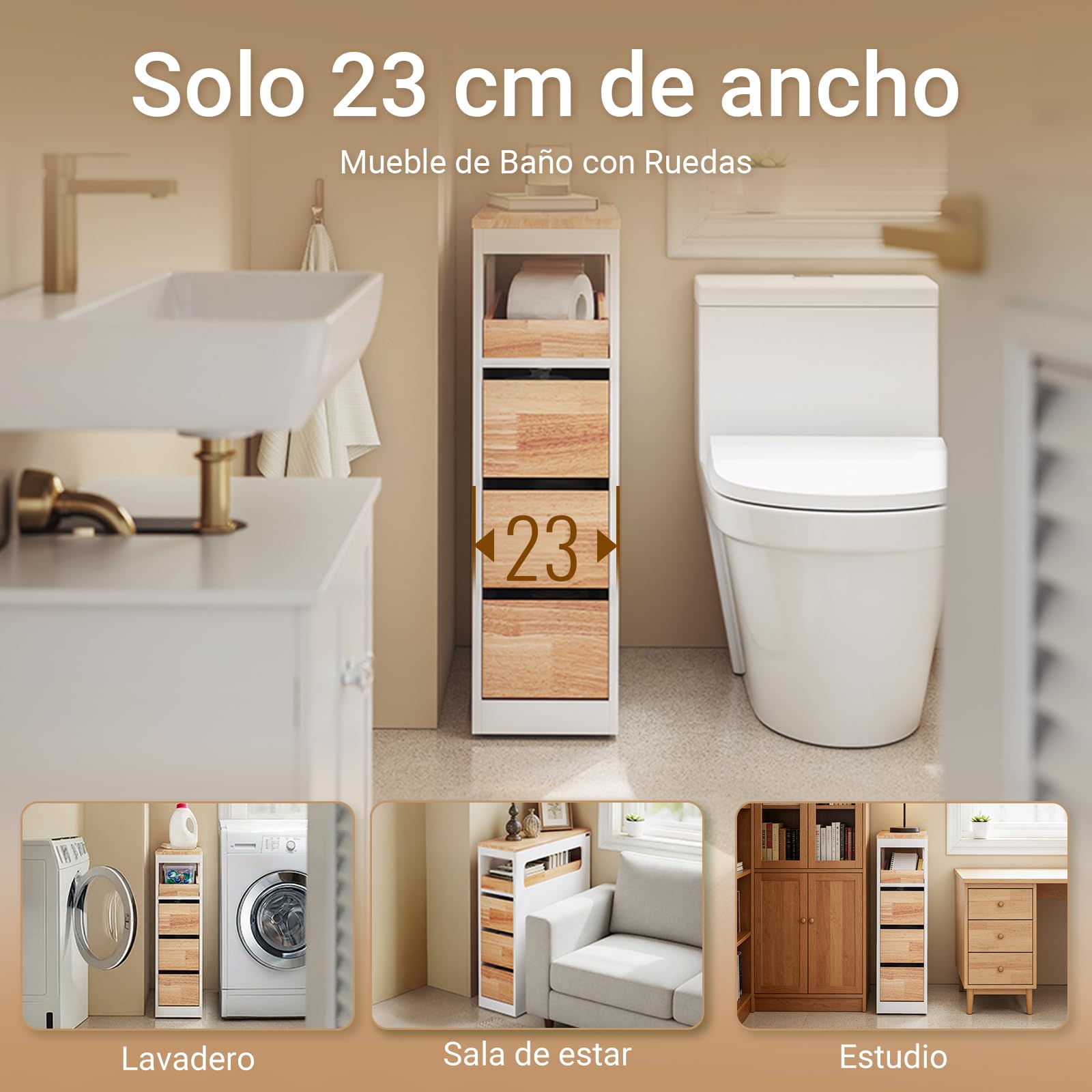 SoBuy Mueble Baño Estrecho con Ruedas y 3 Cajones 65x23x82cm | Cajonera Baño para Rincones y Huecos Pequeños para Familias y Hogares, Mueble Almacenaje, Blanco y Madera BZR54-III-WN
