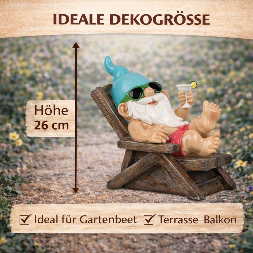 formano 2er Set Gartenzwerg Liegestuhl lustige Gartenzwerge 26cm aus Kunststein handbemalt Gartendeko Figuren mit glänzender Oberfläche für Garten Terrasse Balkon, humorvolle Outdoor Gartenfiguren
