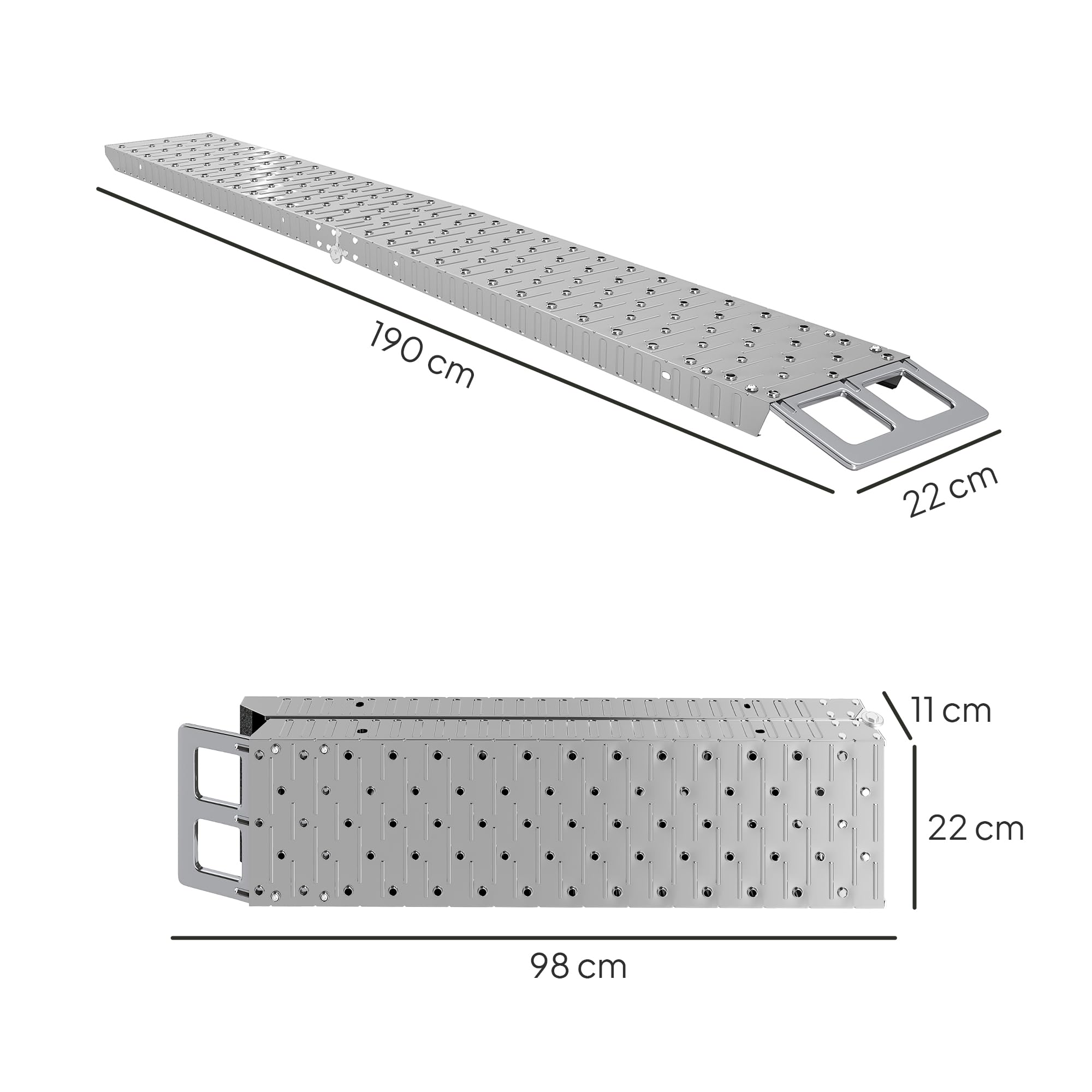 HOMCOM Rampa de carga plegable de acero con carga máxima de 230 kg, que ahorra espacio Rampa antideslizante para motocicletas con ruedas de 22 cm de ancho, para motocicletas y bicicletas, 190x22x8 cm,