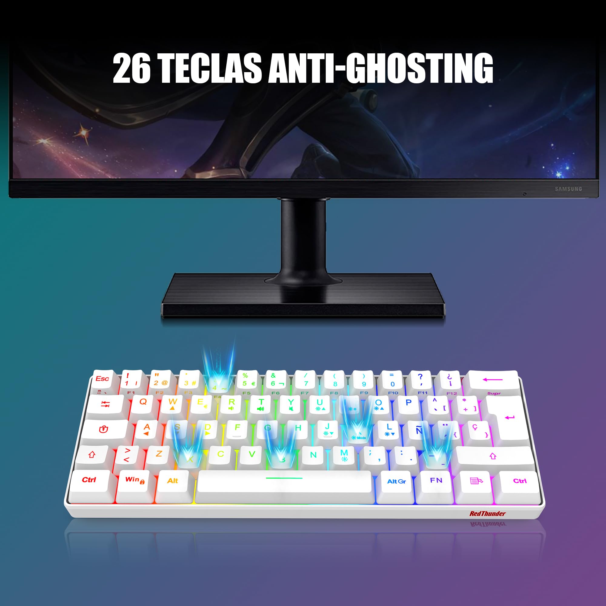 RedThunder K62 60% Combo Teclado y Ratón Gaming RGB Idioma Español, Teclado Mini Ultracompacto Retroiluminado y Ergonómico, Ratón Gaming Óptico 7200 dpi, Compatible con PC,PS5,Xbox (Blanco)
