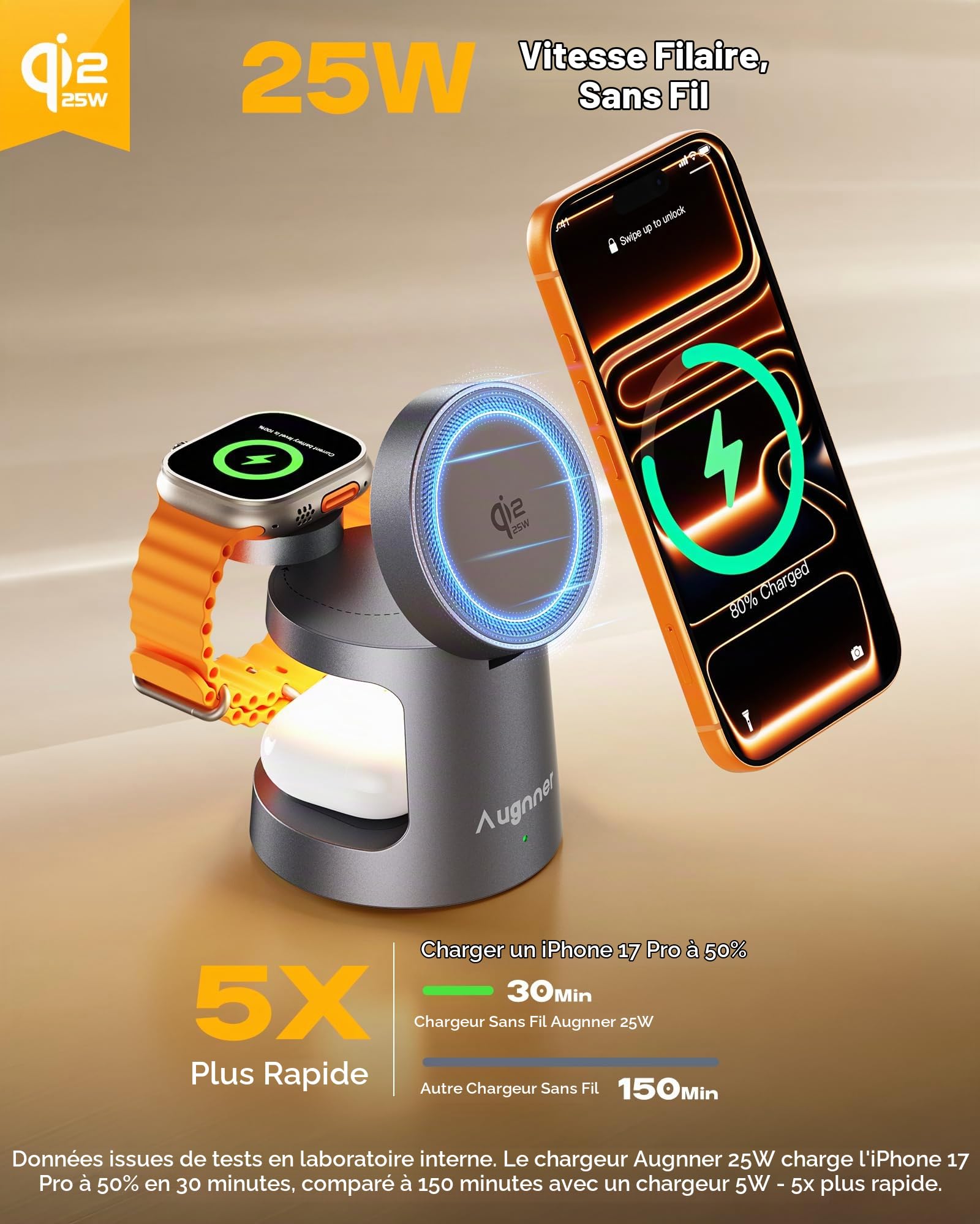 Station de Charge Magnétique Qi2.2 25W，Chargeur sans Fil 3 en 1 Pliable pour iP17/16/15/14/13/12,Support de Recharge Qi2 Compatible pour Apple Watch AirPods, Adaptateur 45W Inclus
