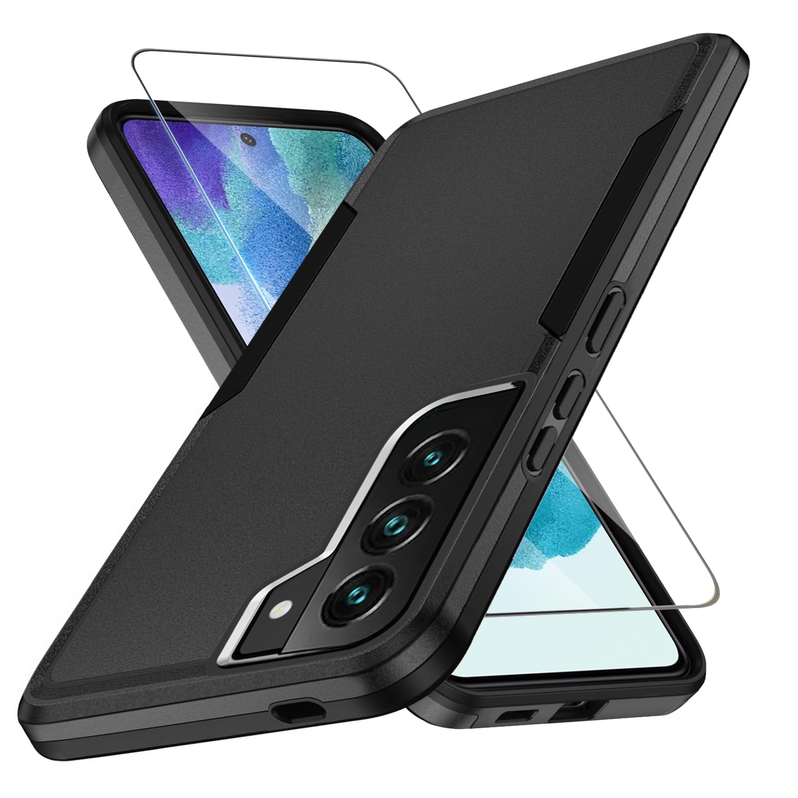 KOGENG Handyhülle für Samsung Galaxy S21 FE Hülle mit Schutzfolie, Matt PC Hard Rückseite Anti-Fingerabdruck Kratzfest TPU Bumper Stoßfest Haltbar Schutzhülle für Samsung S21 FE 5G Case (Schwarz)