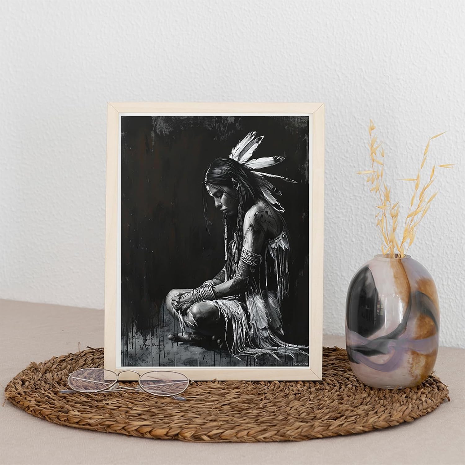 Noveora American Native Indian Black and White 5D Diamond Art Painting for Adults Full Drill Round Diamond Paint by Number Kits for Beginners Gems Cross Stitch for Wall Decor 12x16 inch