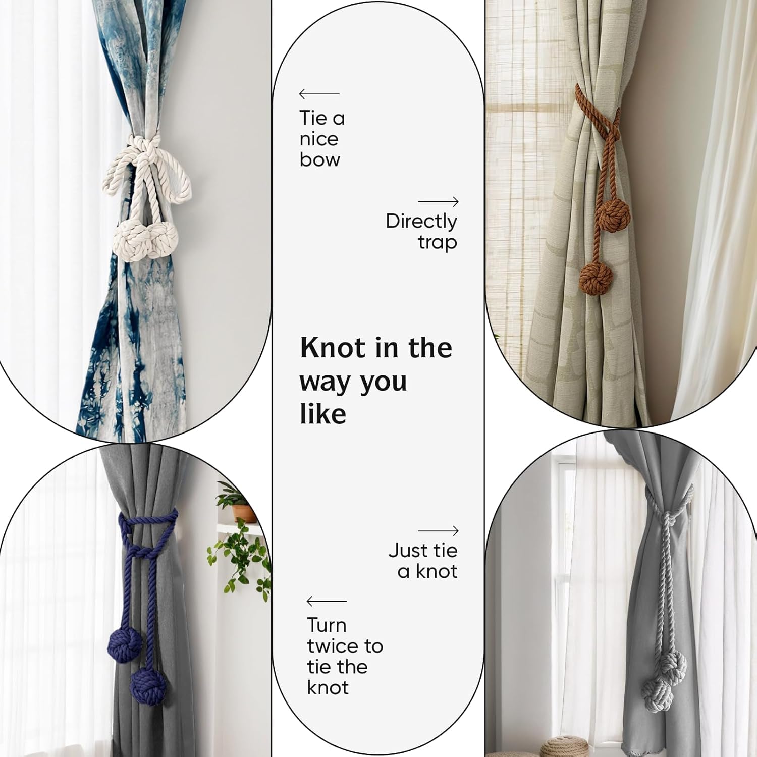 JAZLOG (JAZLOG7664) Boho Curtain Tiebacks with Natural Cotton Rope, 2 Pieces, Beige Black Curtain Curtains with Voile Tie Unique Curtain Ties Designer Grey Tie Ways to Simple Tieback Hooks no Drill 2