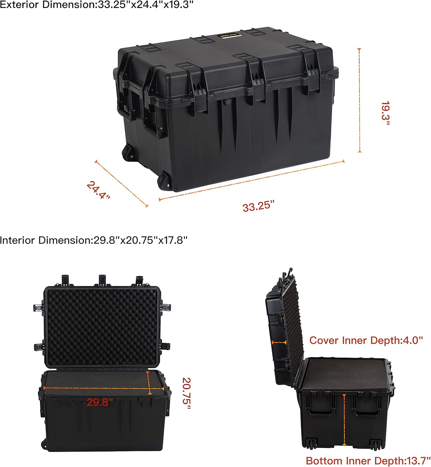 MEIJIA Portable All Weather Waterproof Camera Case,Customizable Fit Foam with Rolling Wheels and Retractable Pull Handle,33.25"X24.4"X19.3" - Image 5