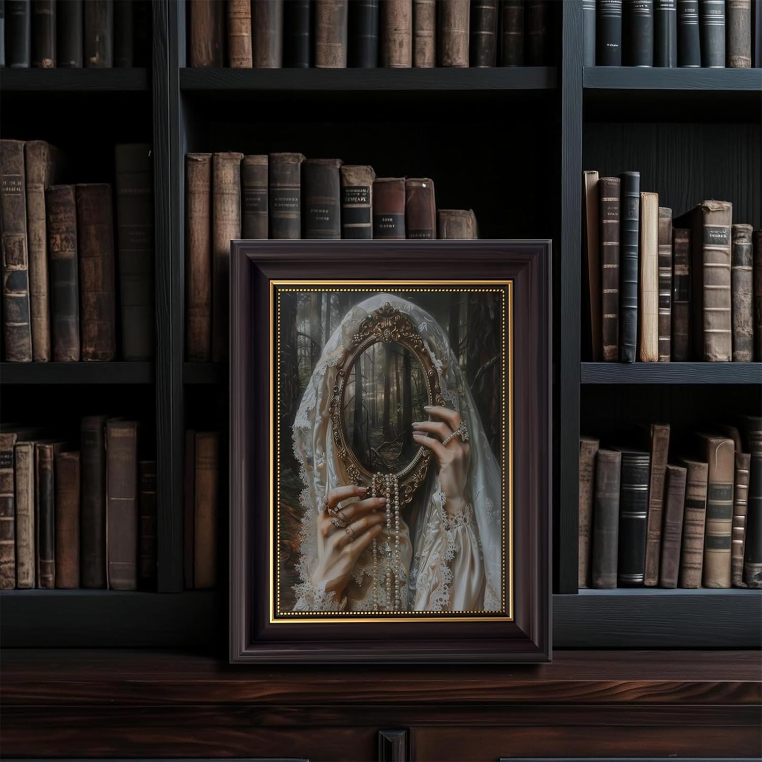 Vintage Framed Dark Academy Wall Art Gothic Victoria Girl Canvas Wall Decor Forest Mirror Masked Woman Painting Print Artwork Moody Melancholy Romantic Girl for Living Room (12x16in Framed