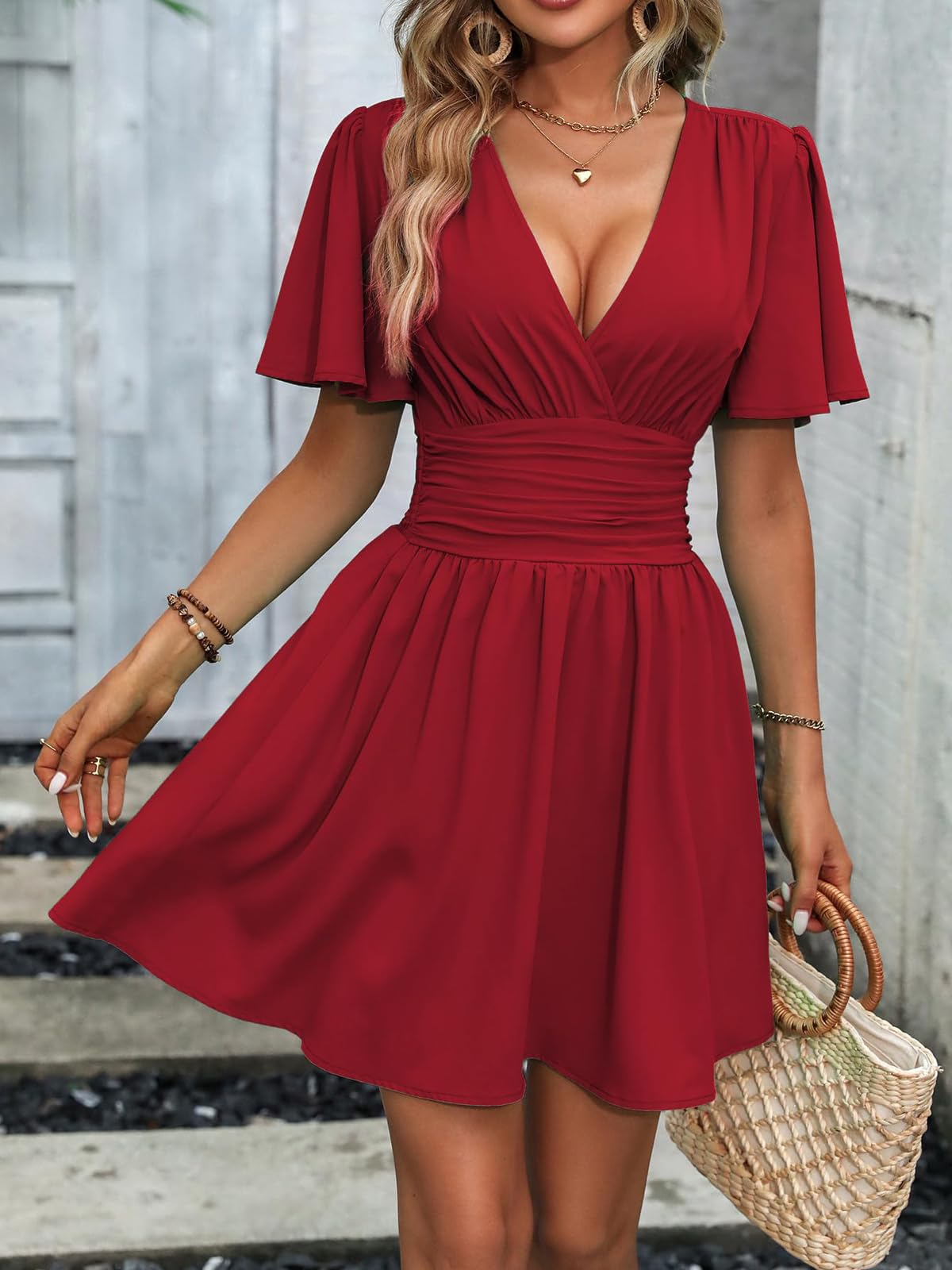 LIAMERHE Mini Robe Femme Manches Longues/Manches Courtes Col V Chic et Elegant Robes Manches Lanternes D'été et Hiver A-Line Casual Robe Casual pour Fête Noël Mariage