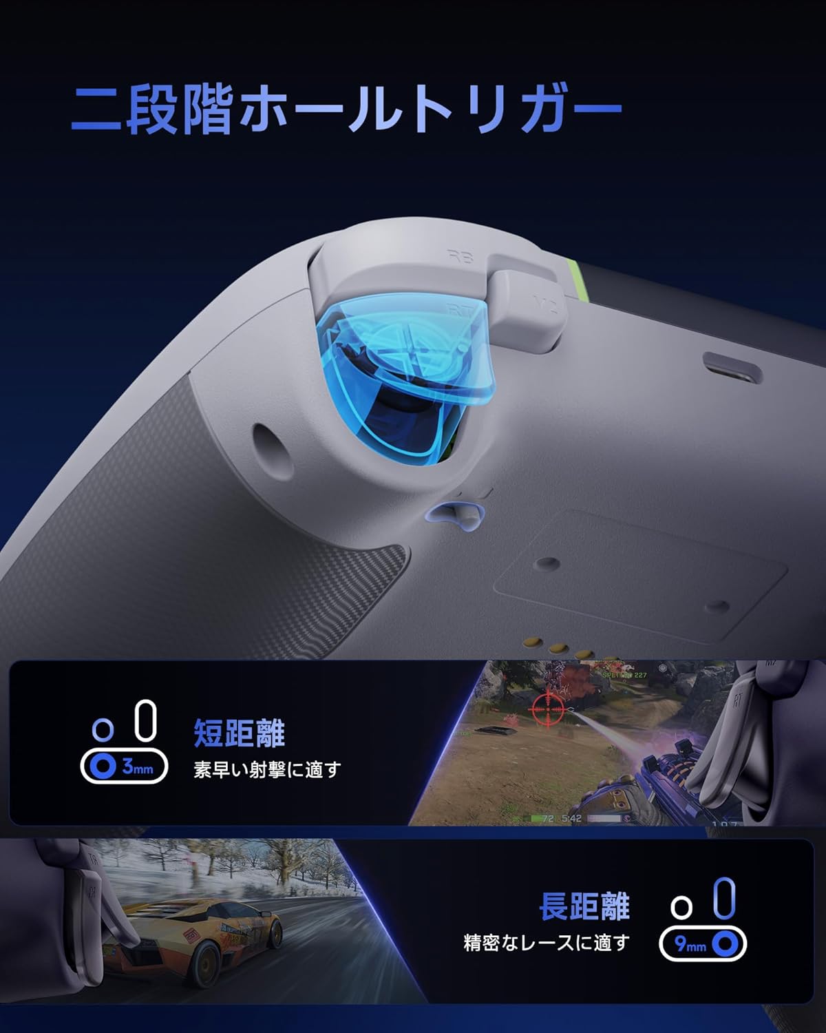 Controller triggers showing short and long travel modes