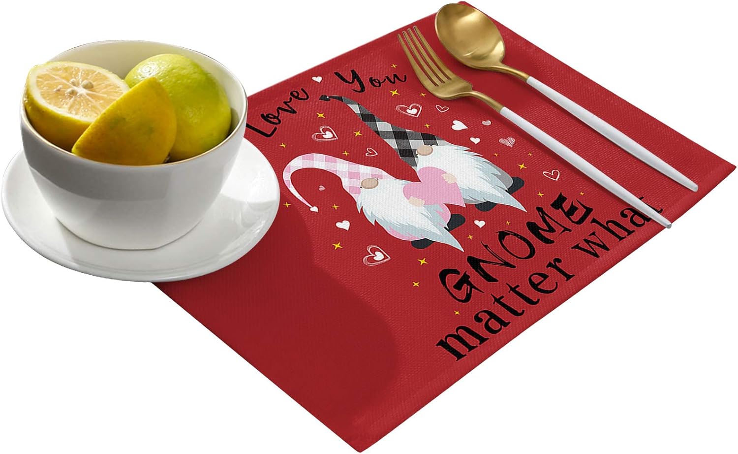 Valentines Placemats 6pcs Hearts Pattern Gnomes Couple Table Mats for Dining Table I Love You Red Table Mats Cotton and Linen Washable 12x18in