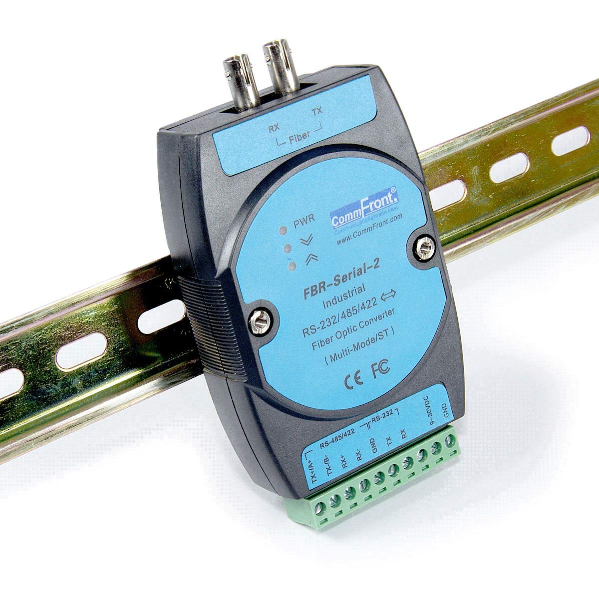 COMMFRONT Industrial RS232 / RS485 / RS422 to Fiber Optic Converter, Multi-Mode, ST Connectors, 3 Miles / 5KM, DIN-Rail/Wall/Panel Mount