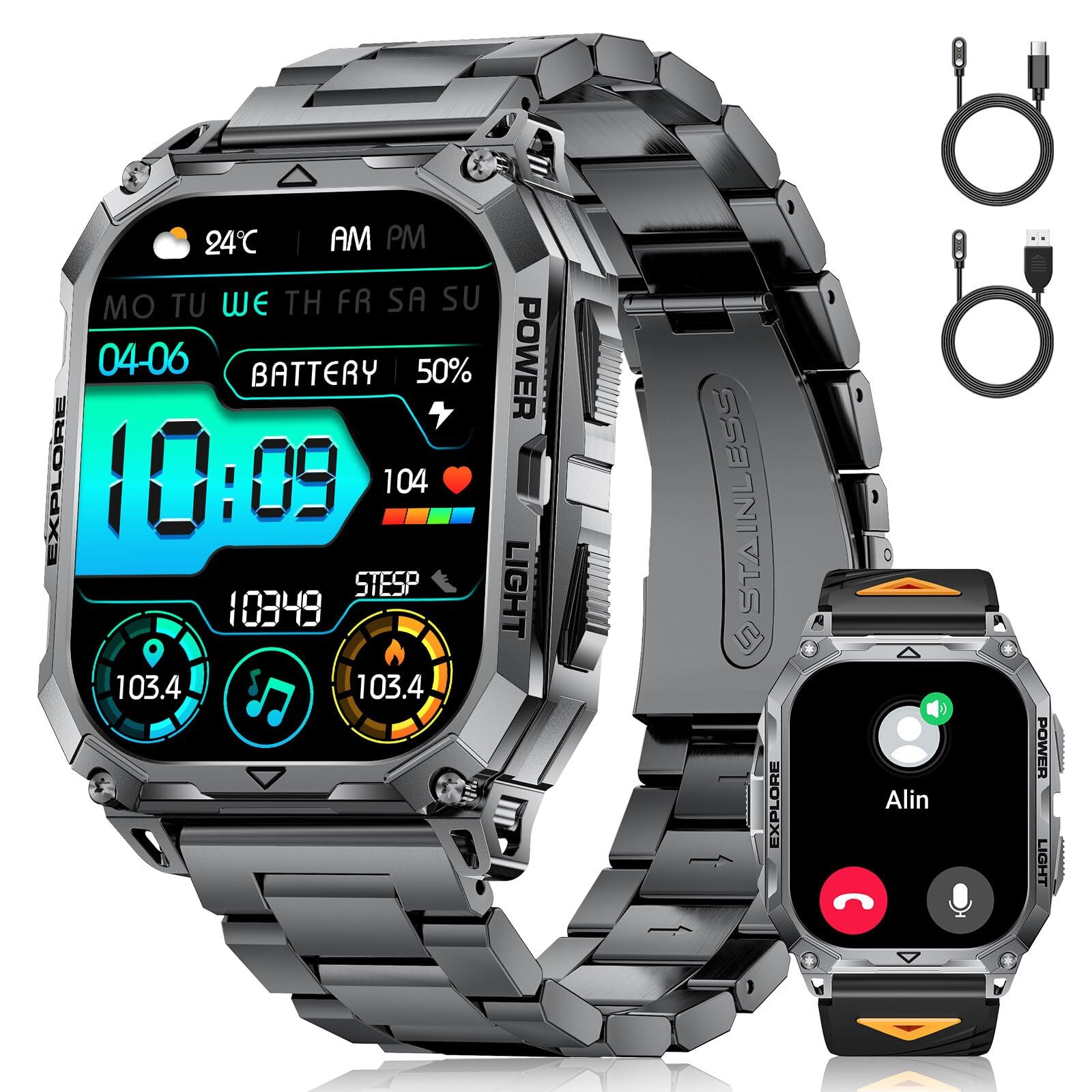 Smartwatch Uomo con Chiamate Bluetooth, 2,01" HD Display, LED Torcia, 900 mAh, Frequenza Cardiaca/Sonno, Fitness Tracker, 100+ Modalità Sportive, IP68, Compatibile con Android e iOS, Nero-Arancione
