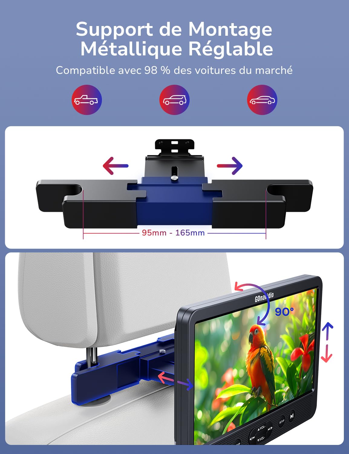 GOnavidio 10.5 Lecteurs DVD Voiture 2 ecrans intependent, HDMI Input Ecran d'appui tête,ecran Voiture Enfant Enfant en Voyage Support AV in/Out