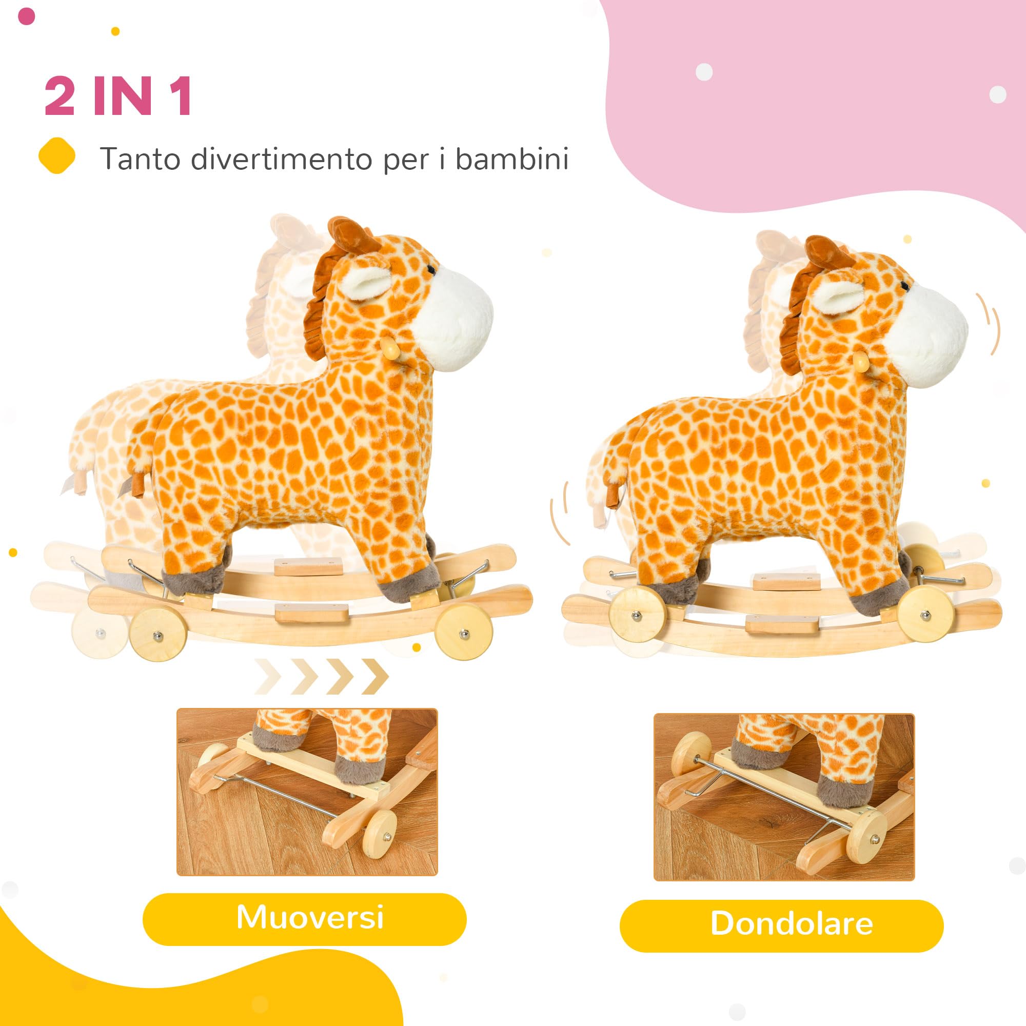 HOMCOM Cavallo a Dondolo per Bambini a Giraffa con Ruote e Suoni, Gioco Cavalcabile per Bambini 3-6 Anni in Peluche e Legno, 63x38x63cm, Giallo