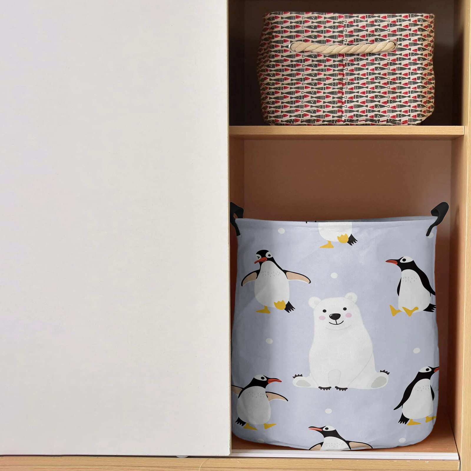 Animals Large Laundry Hamper Collapsible with Handles, Waterproof Dirty Clothes Hamper Baby Nursery for Kids Room Dorm Storage, Cartoon Wildlife Polar Bear and Penguins